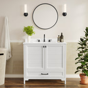 Haven 36" Bathroom Vanity with Sink, Storage Cabinet with Black Hardware, Soft Close Doors and Bottom Drawer, Carrara Marble Finish Countertop, White