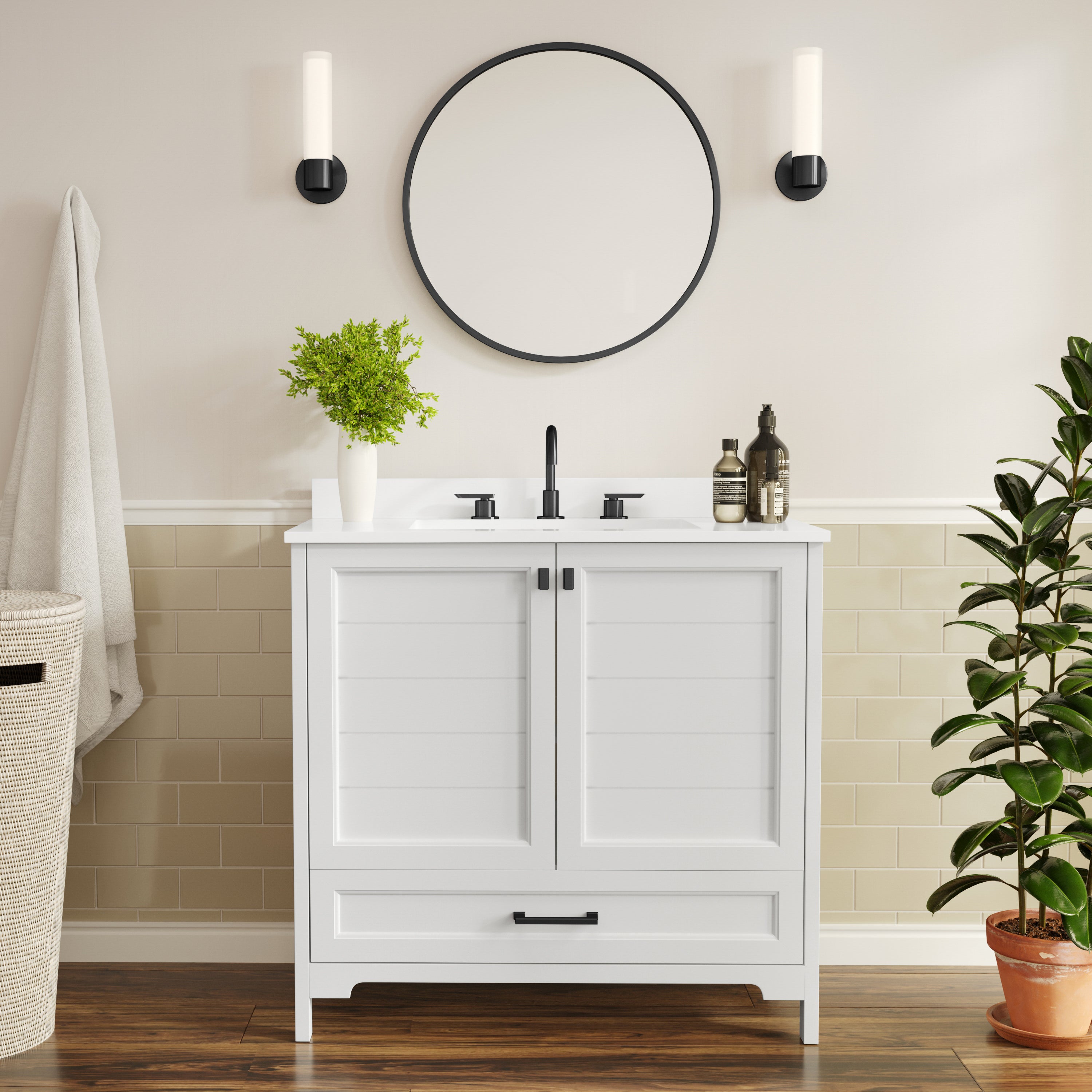 Haven 36" Bathroom Vanity with Sink, Storage Cabinet with Black Hardware, Soft Close Doors and Bottom Drawer, Carrara Marble Finish Countertop, White