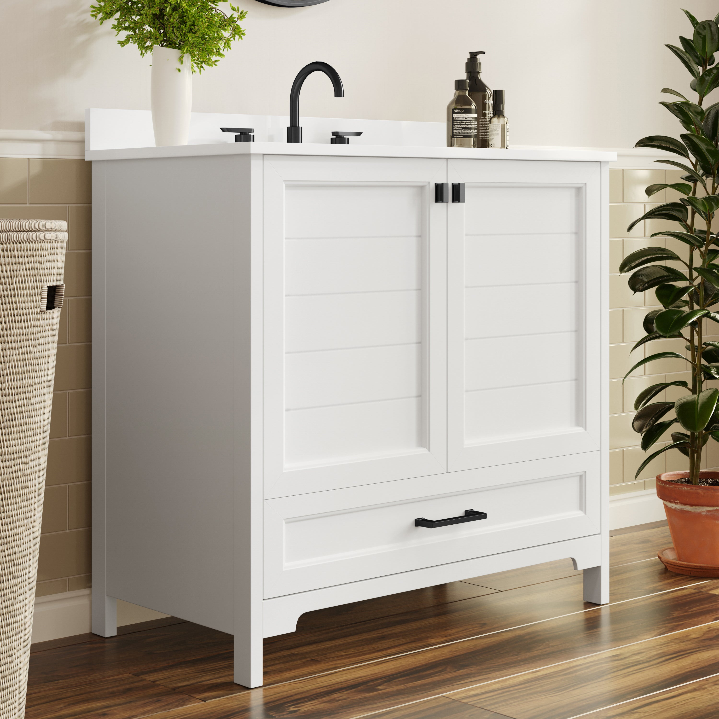 Haven 36" Bathroom Vanity with Sink, Storage Cabinet with Black Hardware, Soft Close Doors and Bottom Drawer, Carrara Marble Finish Countertop, White