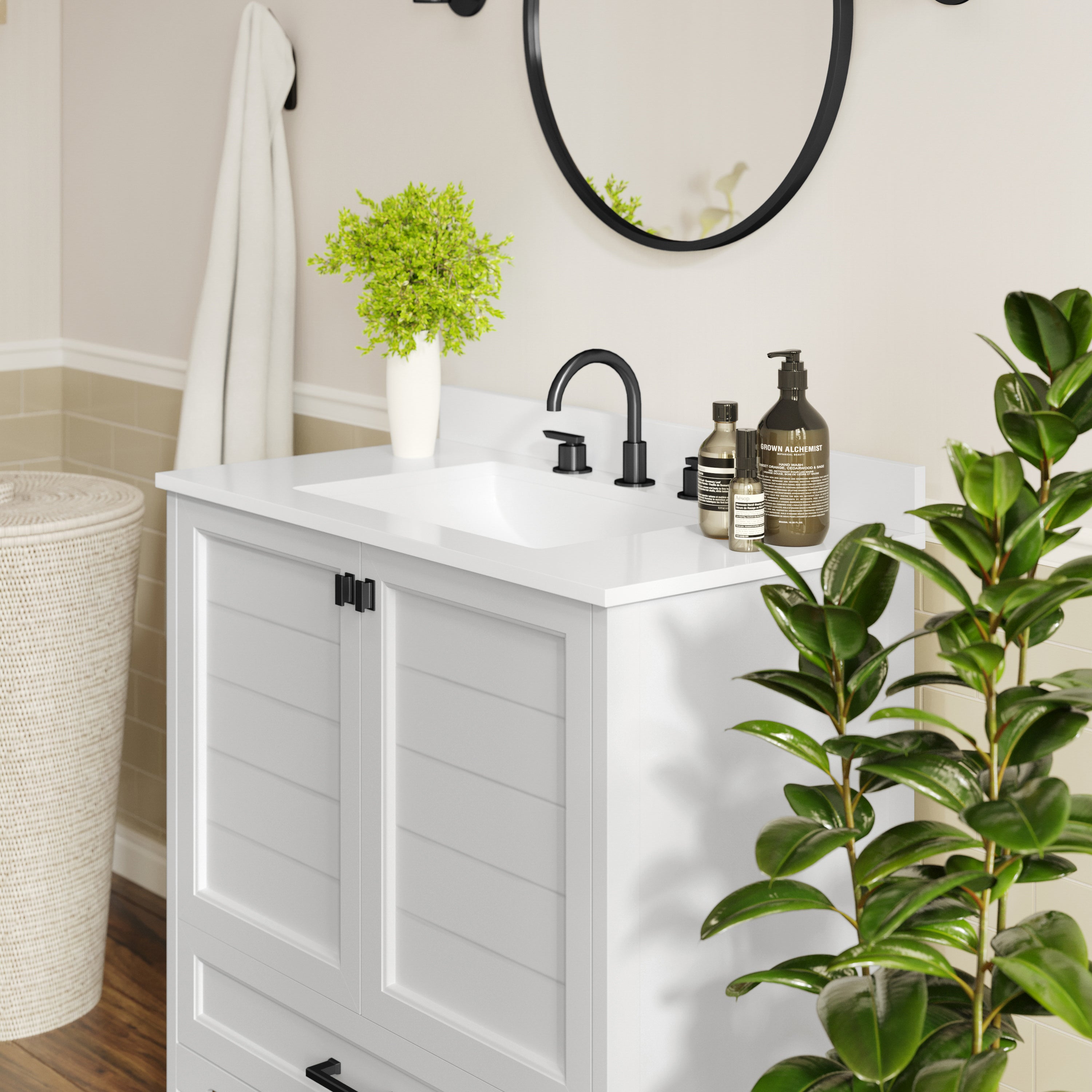 Haven 36" Bathroom Vanity with Sink, Storage Cabinet with Black Hardware, Soft Close Doors and Bottom Drawer, Carrara Marble Finish Countertop, White