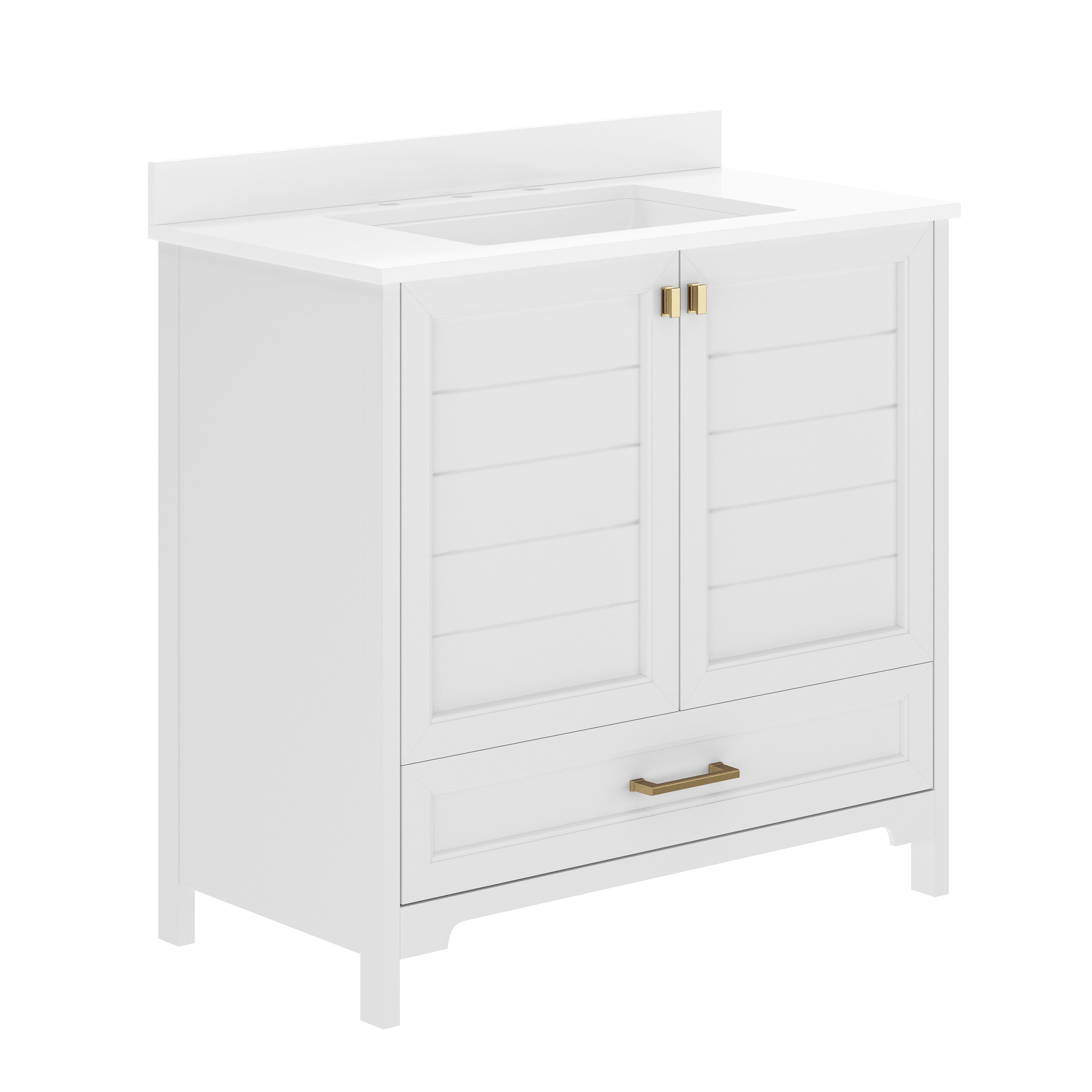 Haven 36" Bathroom Vanity with Sink, Storage Cabinet with Gold Hardware, Soft Close Doors and Bottom Drawer, Carrara Marble Finish Countertop, White