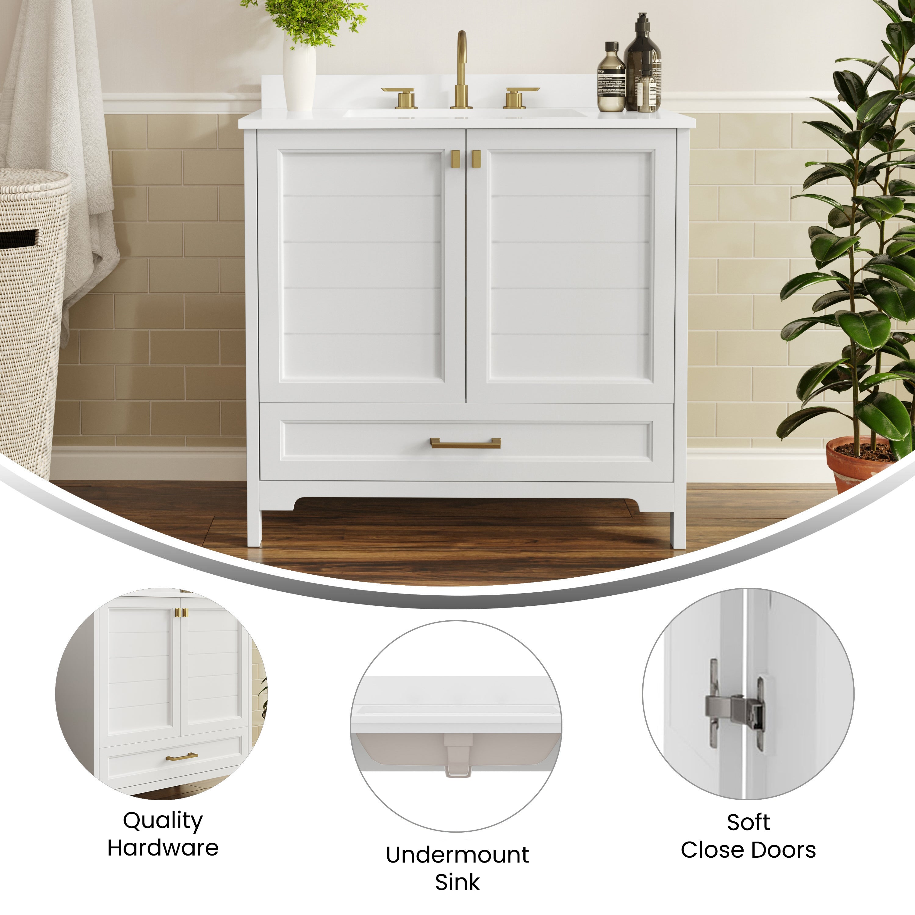 Haven 36" Bathroom Vanity with Sink, Storage Cabinet with Gold Hardware, Soft Close Doors and Bottom Drawer, Carrara Marble Finish Countertop, White