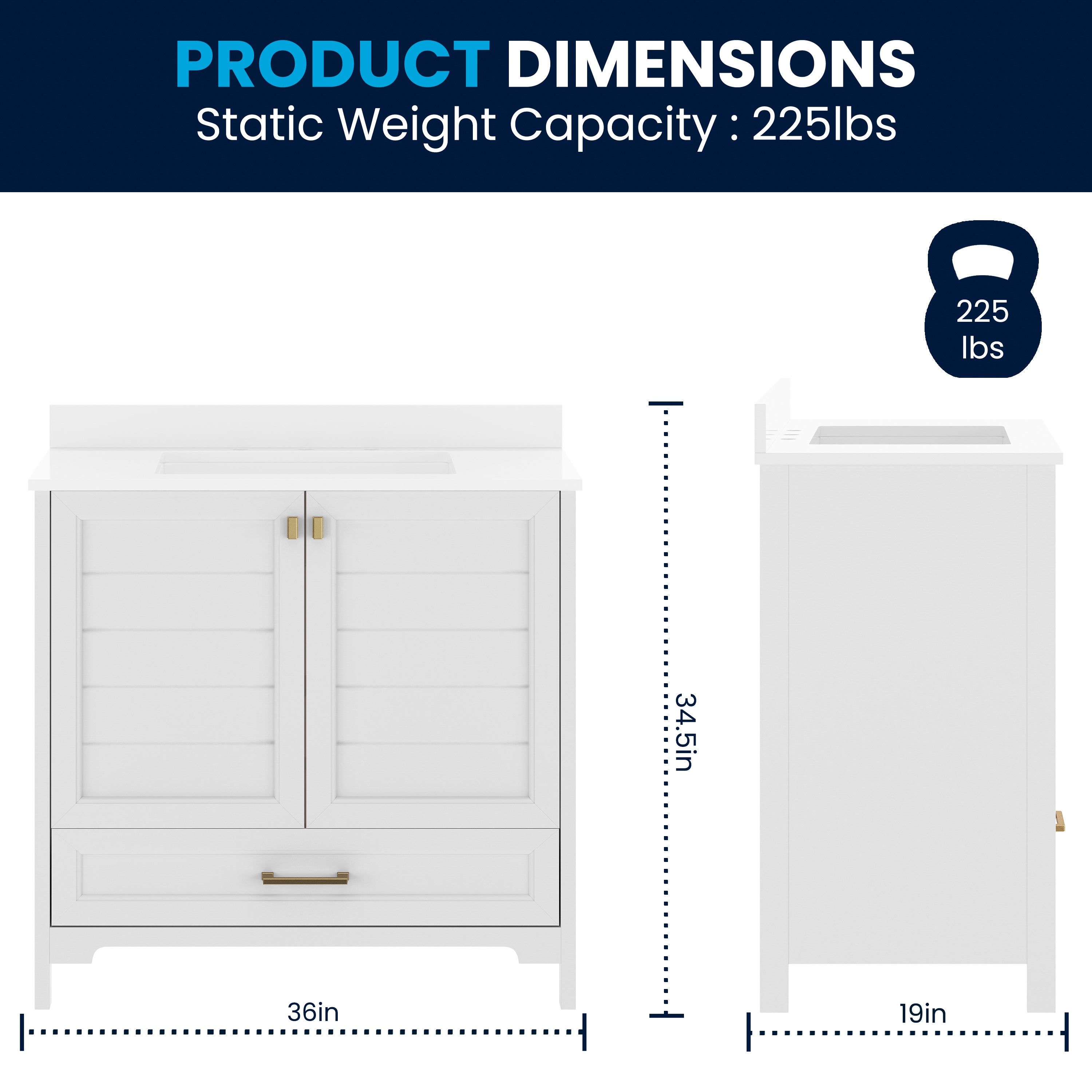 Haven 36" Bathroom Vanity with Sink, Storage Cabinet with Gold Hardware, Soft Close Doors and Bottom Drawer, Carrara Marble Finish Countertop, White