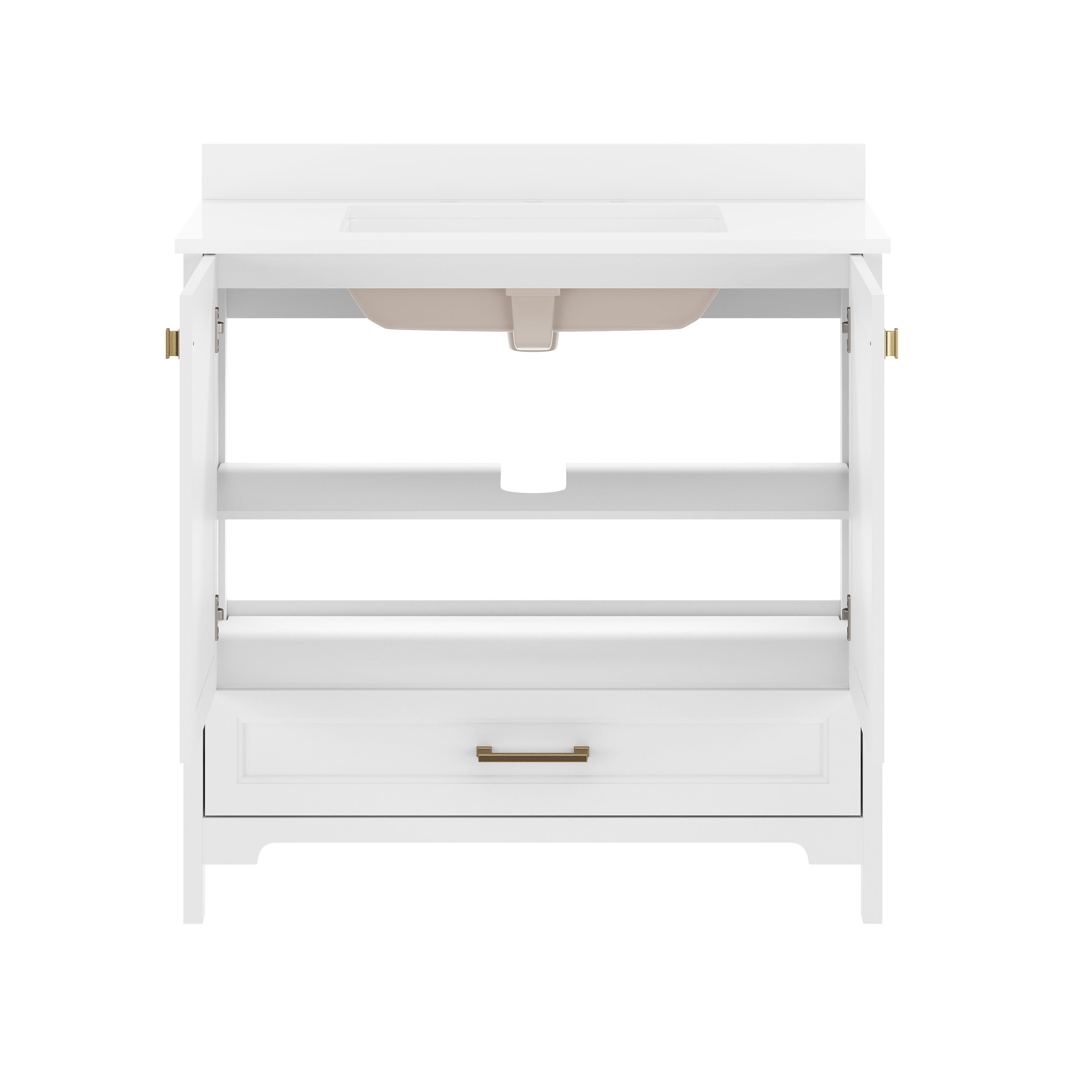 Haven 36" Bathroom Vanity with Sink, Storage Cabinet with Gold Hardware, Soft Close Doors and Bottom Drawer, Carrara Marble Finish Countertop, White