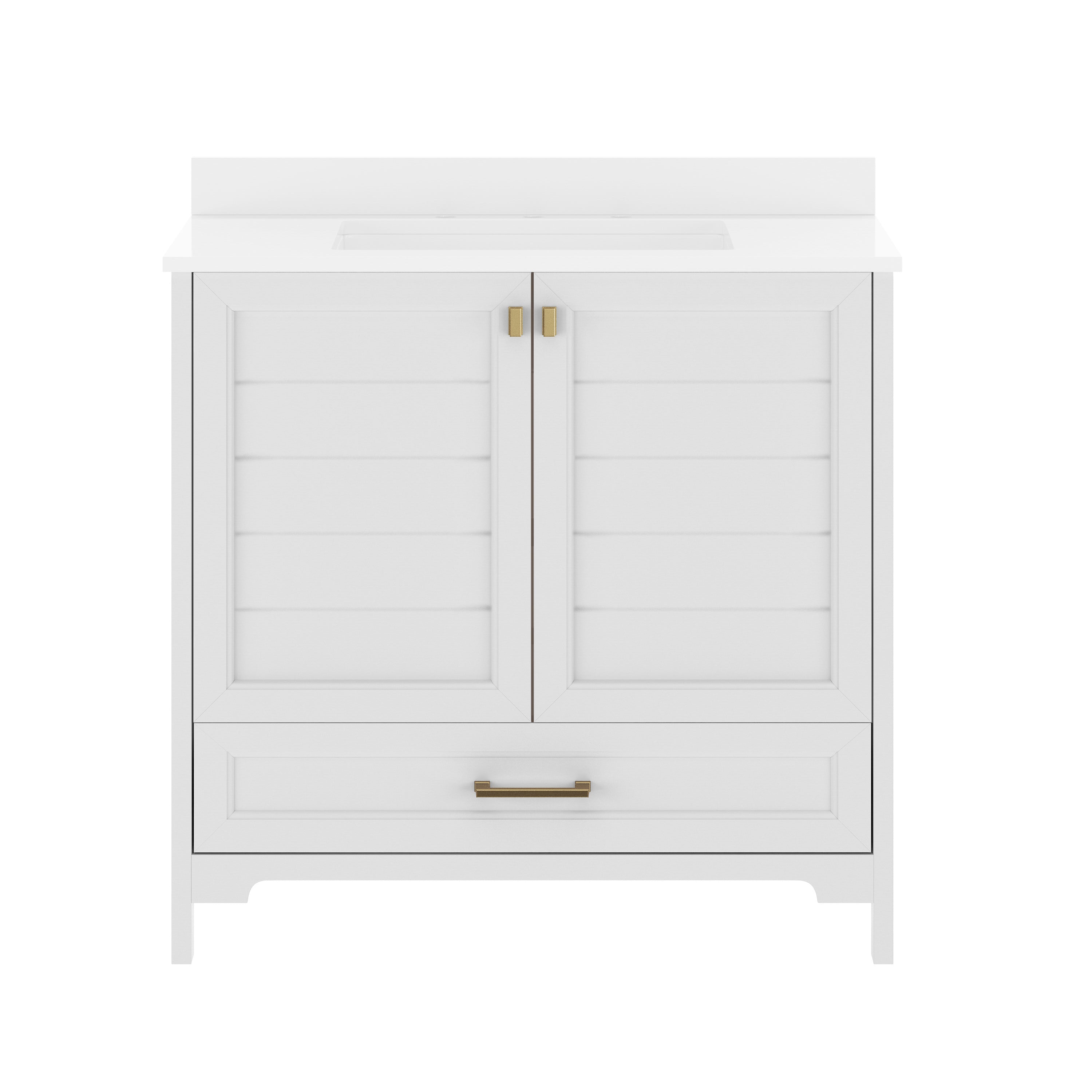 Haven 36" Bathroom Vanity with Sink, Storage Cabinet with Gold Hardware, Soft Close Doors and Bottom Drawer, Carrara Marble Finish Countertop, White