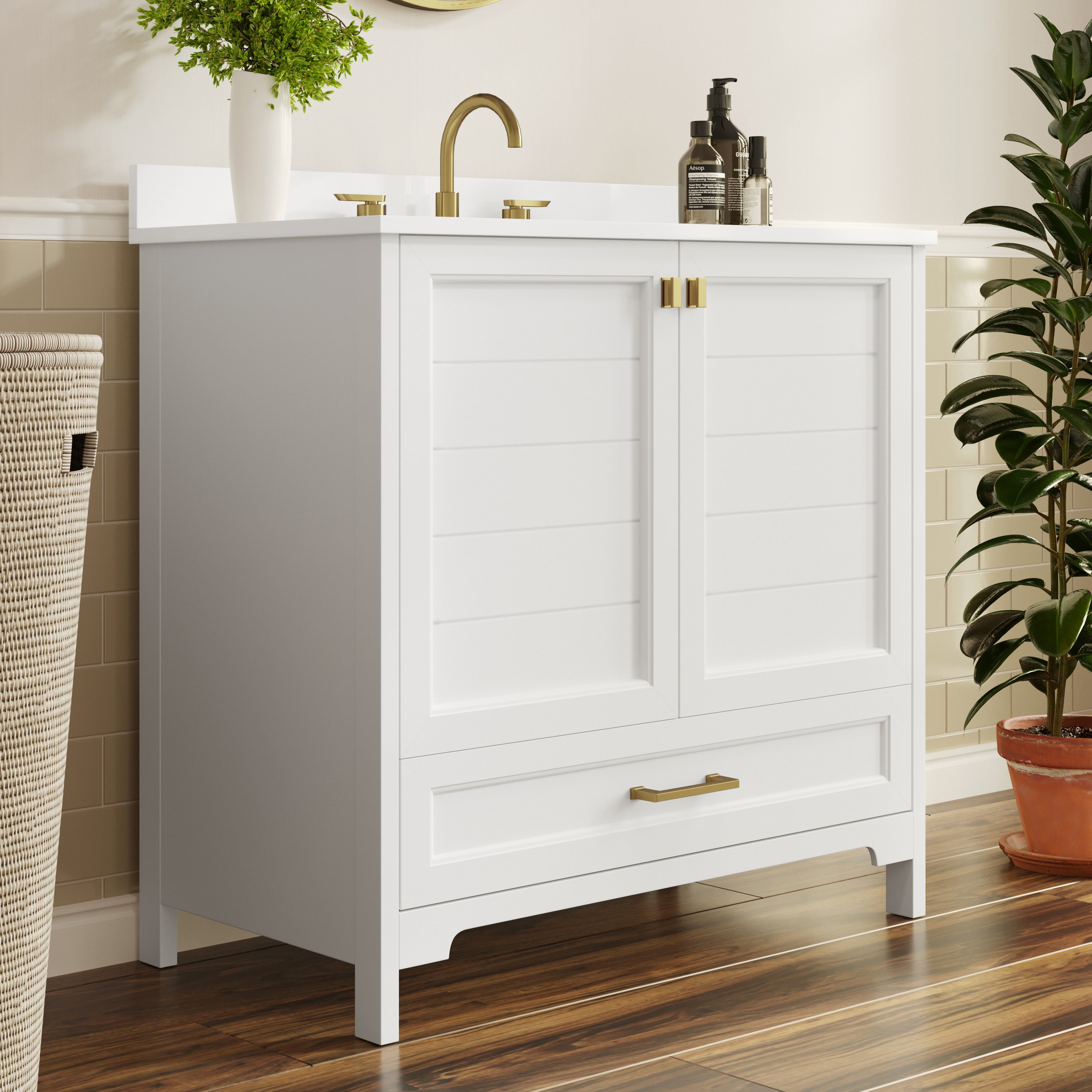 Haven 36" Bathroom Vanity with Sink, Storage Cabinet with Gold Hardware, Soft Close Doors and Bottom Drawer, Carrara Marble Finish Countertop, White