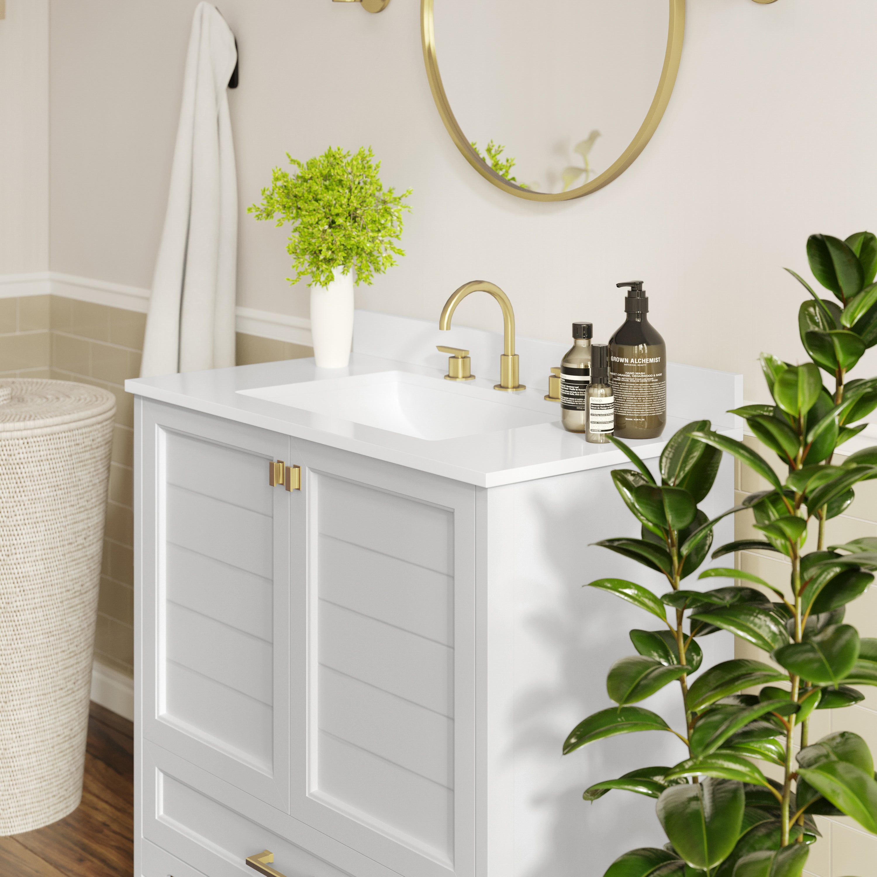 Haven 36" Bathroom Vanity with Sink, Storage Cabinet with Gold Hardware, Soft Close Doors and Bottom Drawer, Carrara Marble Finish Countertop, White