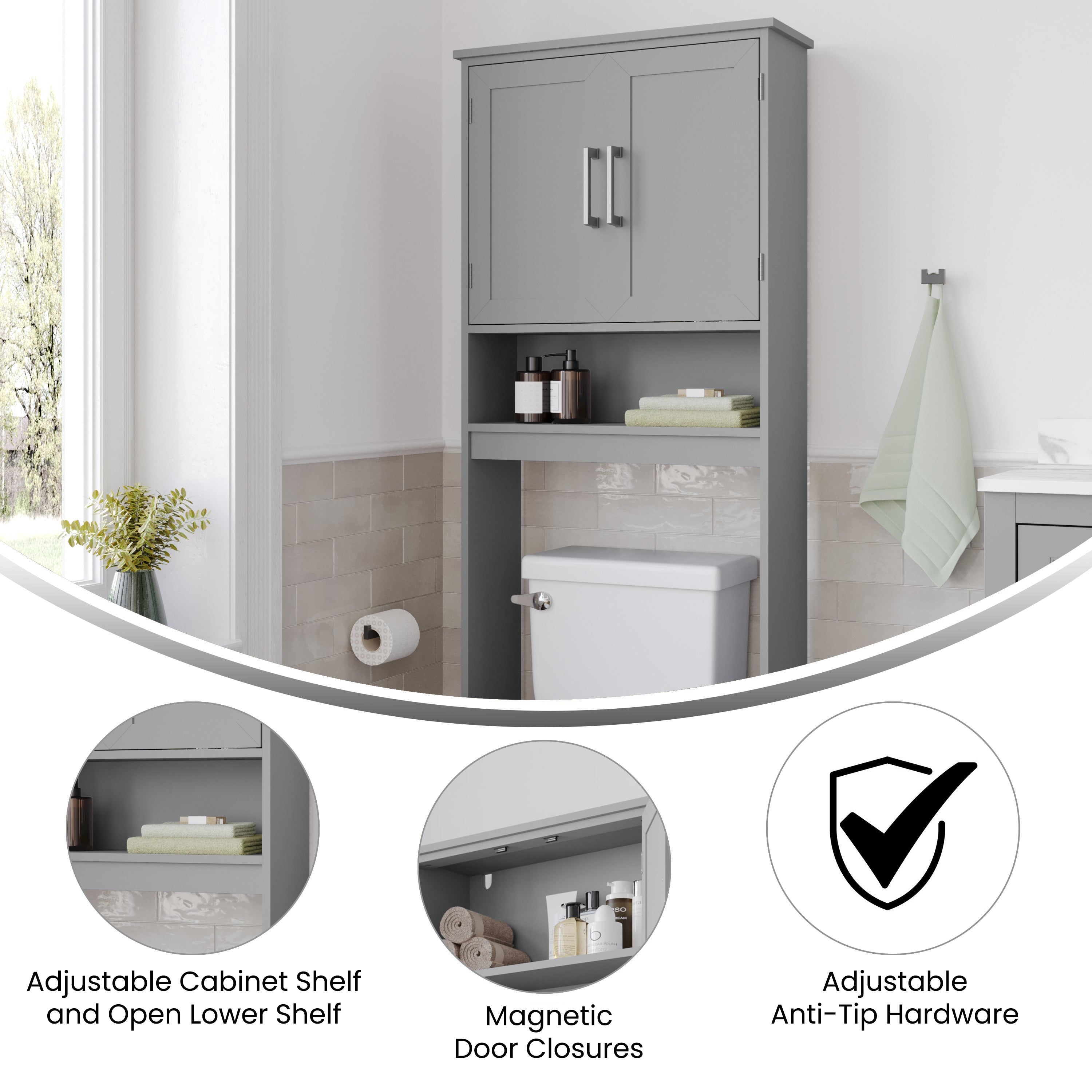 Vega Over the Toilet Bathroom Storage Cabinet Organizer with 2 Magnetic Closure Doors, Adjustable Cabinet Shelf, and Open Lower Shelf in Gray