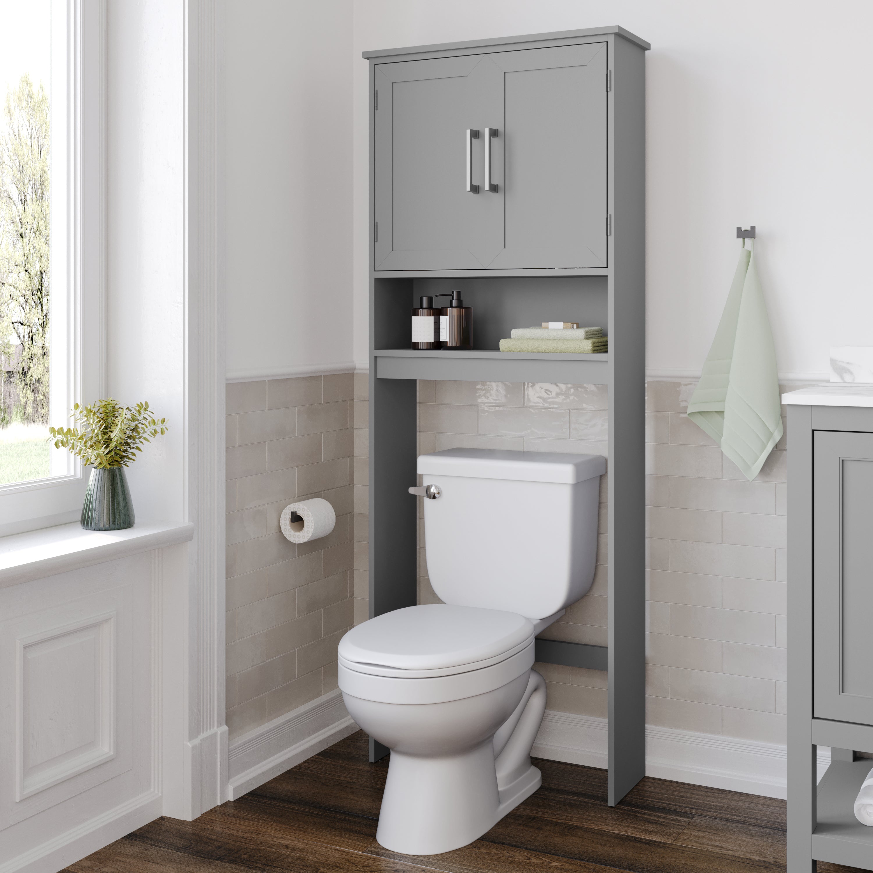 Vega Over the Toilet Bathroom Storage Cabinet Organizer with 2 Magnetic Closure Doors, Adjustable Cabinet Shelf, and Open Lower Shelf in Gray