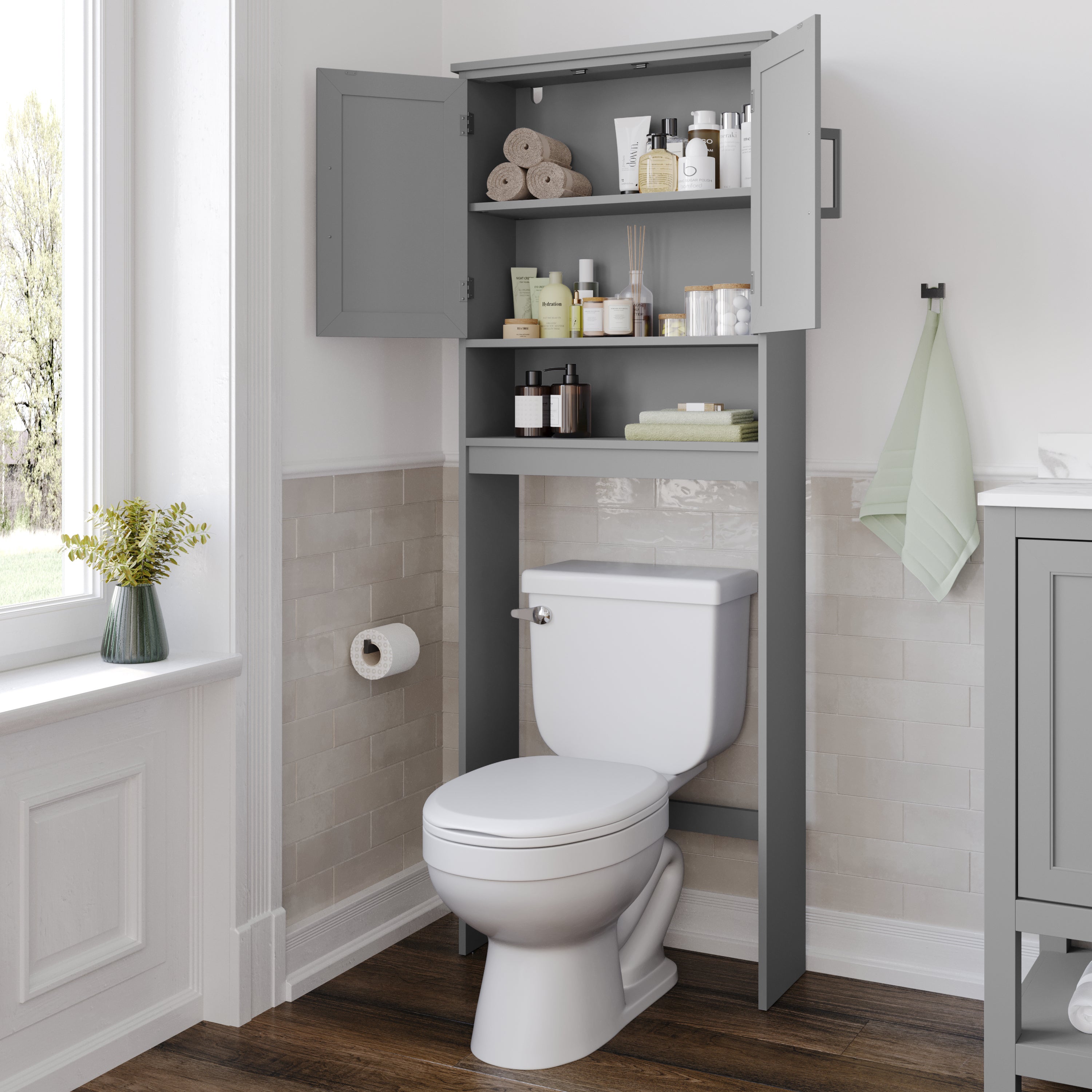 Vega Over the Toilet Bathroom Storage Cabinet Organizer with 2 Magnetic Closure Doors, Adjustable Cabinet Shelf, and Open Lower Shelf in Gray