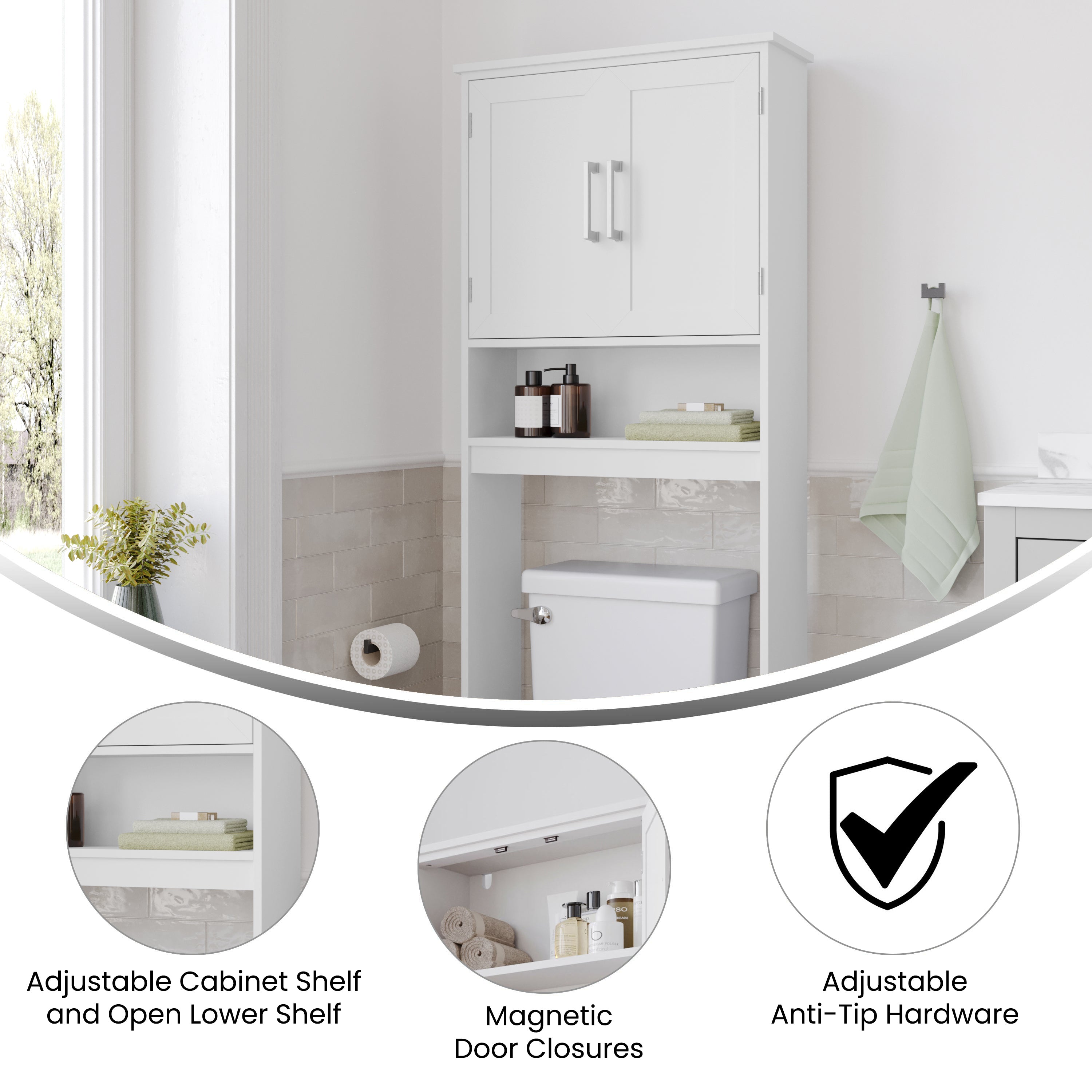 Vega Over the Toilet Bathroom Storage Cabinet Organizer with 2 Magnetic Closure Doors, Adjustable Cabinet Shelf, and Open Lower Shelf in White