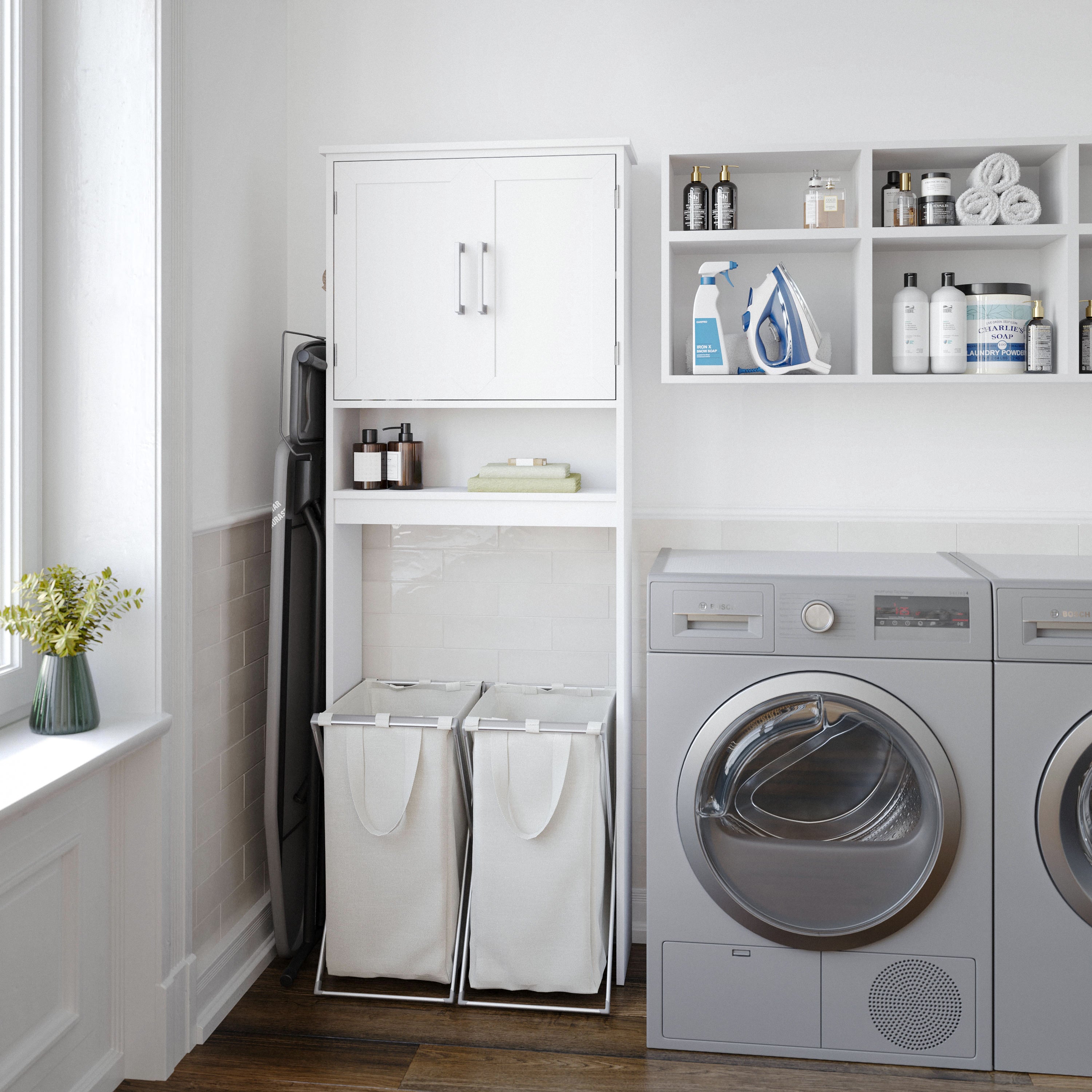 Vega Over the Toilet Bathroom Storage Cabinet Organizer with 2 Magnetic Closure Doors, Adjustable Cabinet Shelf, and Open Lower Shelf in White