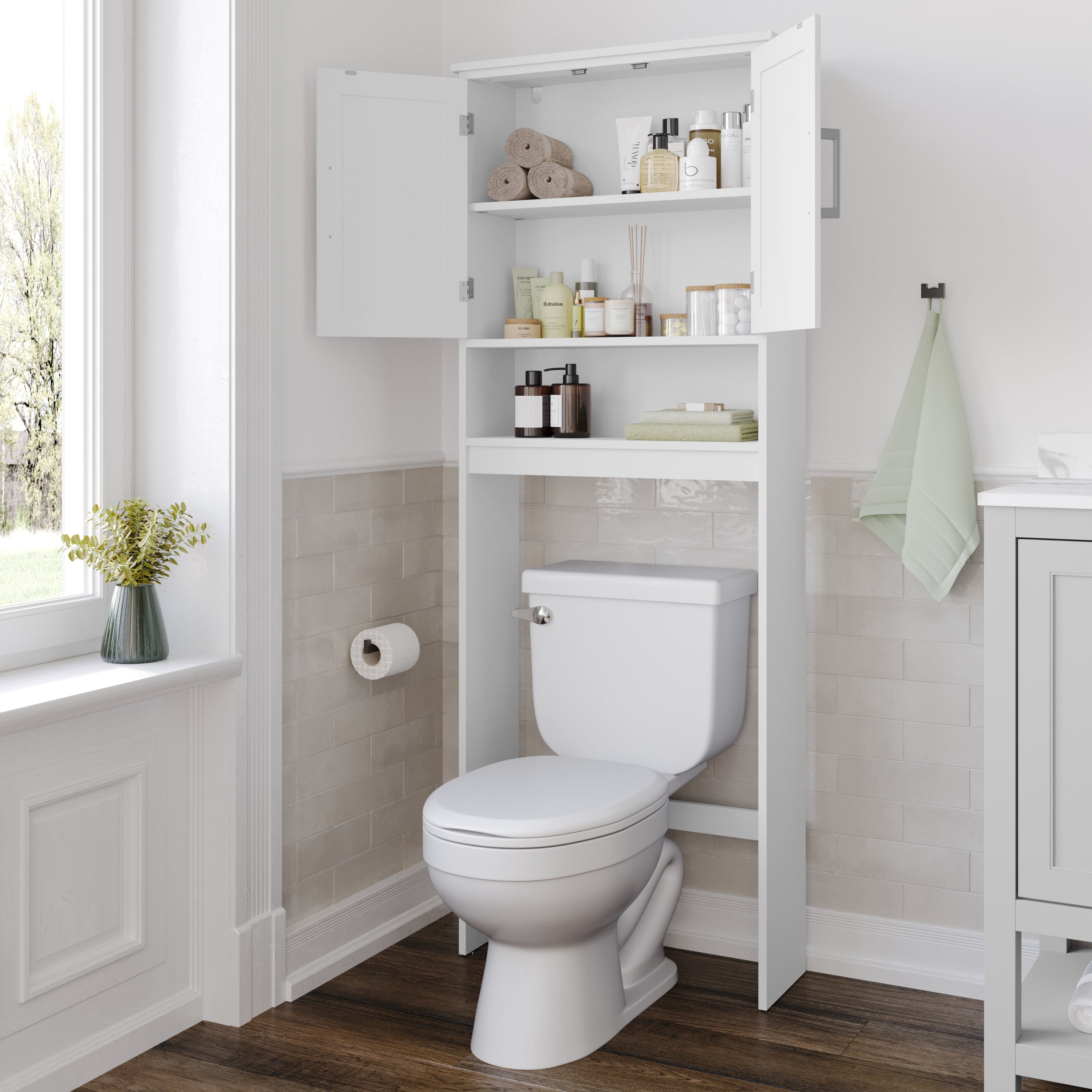 Vega Over the Toilet Bathroom Storage Cabinet Organizer with 2 Magnetic Closure Doors, Adjustable Cabinet Shelf, and Open Lower Shelf in White