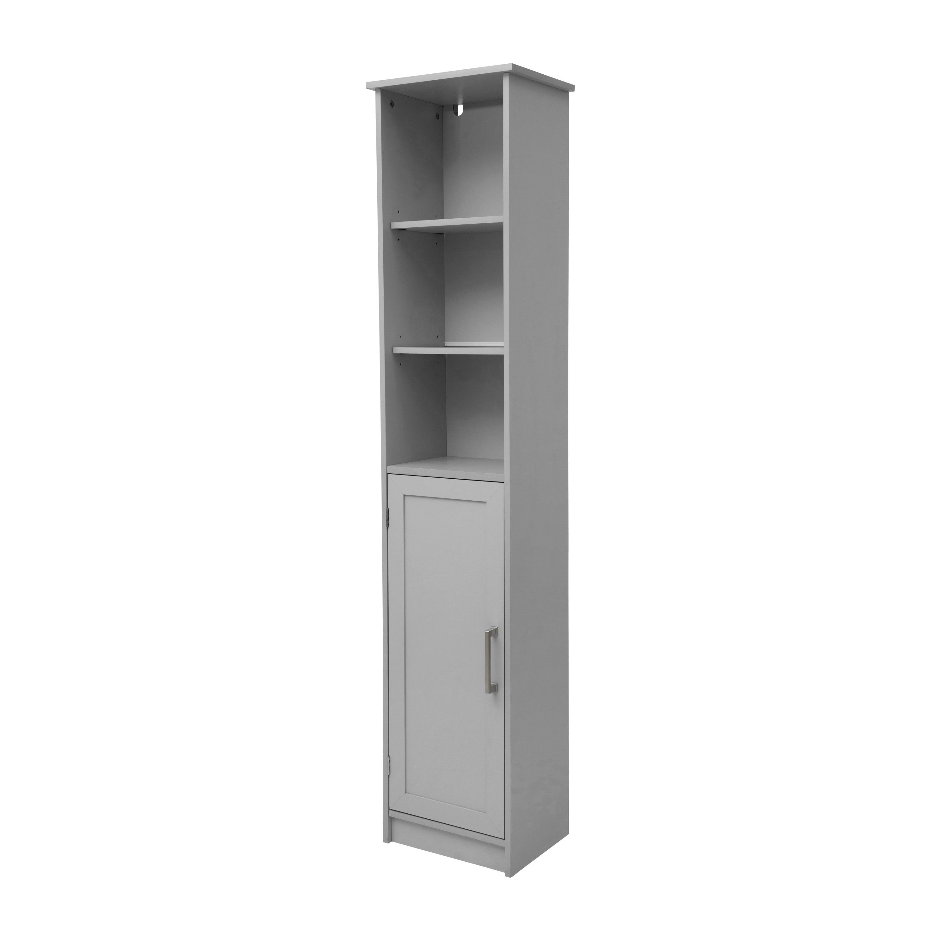 Vega Freestanding Linen Tower Storage Cabinet with Magnetic Close Door, In-Cabinet Adjustable Shelf, and 3 Upper Open Shelves in Gray