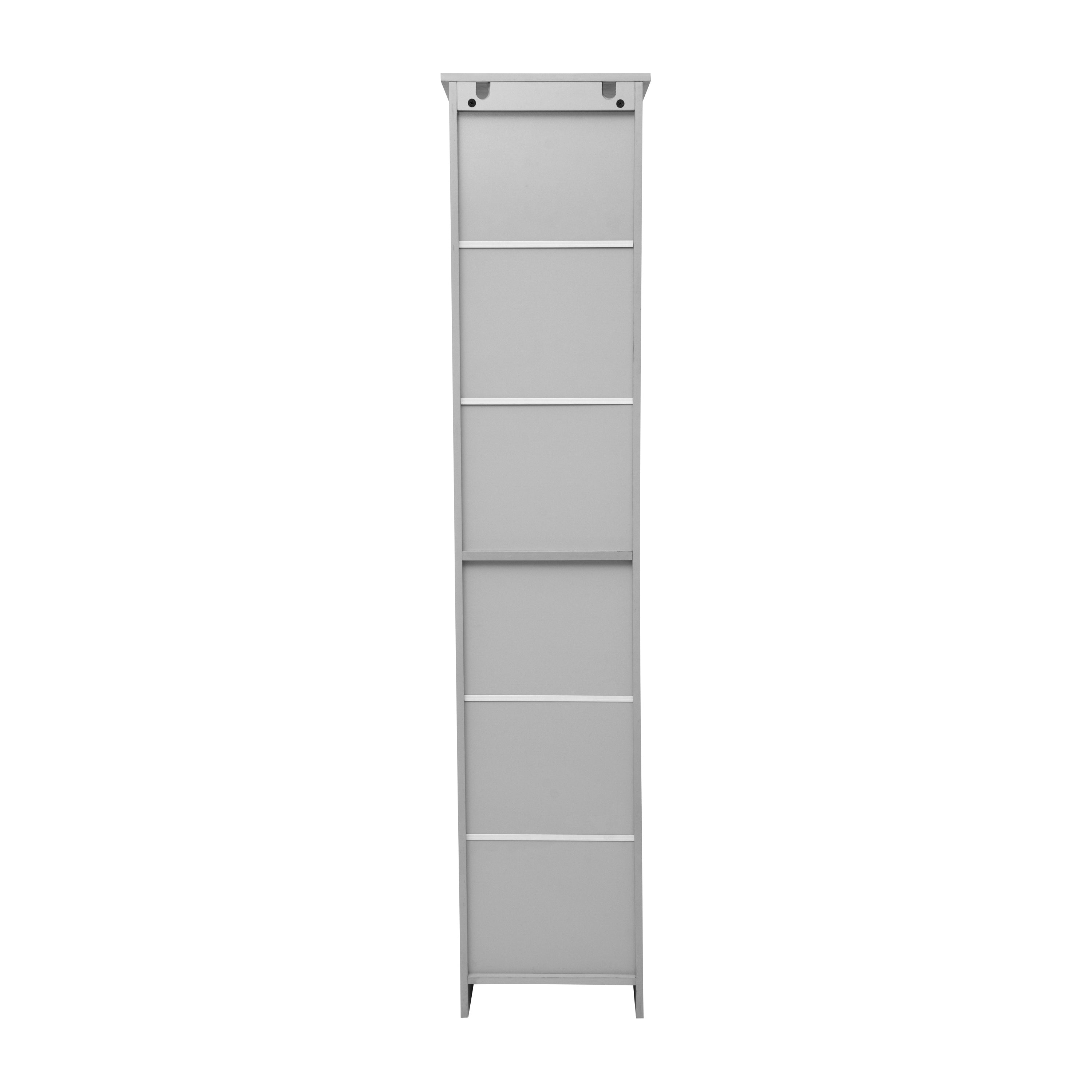 Vega Freestanding Linen Tower Storage Cabinet with Magnetic Close Door, In-Cabinet Adjustable Shelf, and 3 Upper Open Shelves in Gray