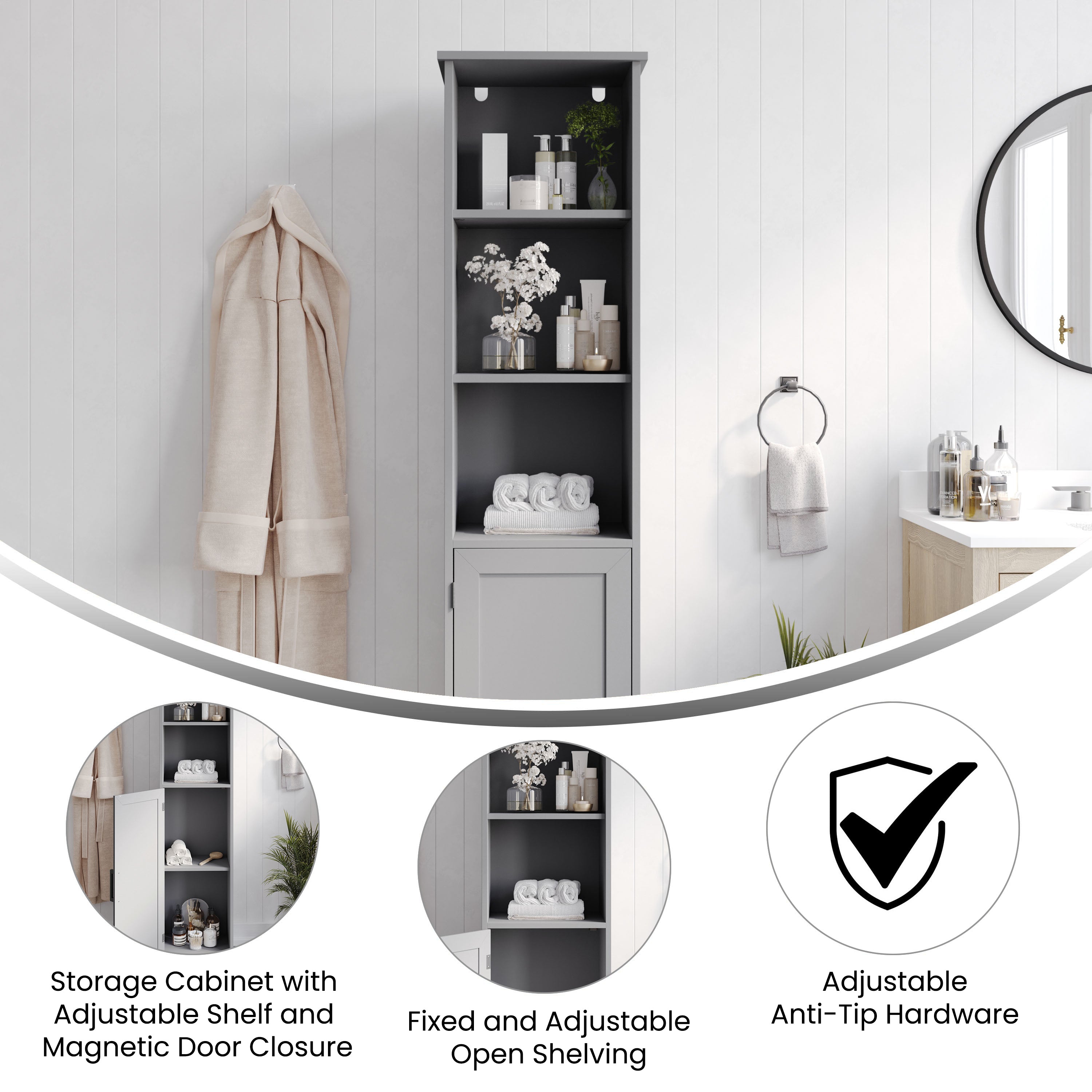 Vega Freestanding Linen Tower Storage Cabinet with Magnetic Close Door, In-Cabinet Adjustable Shelf, and 3 Upper Open Shelves in Gray