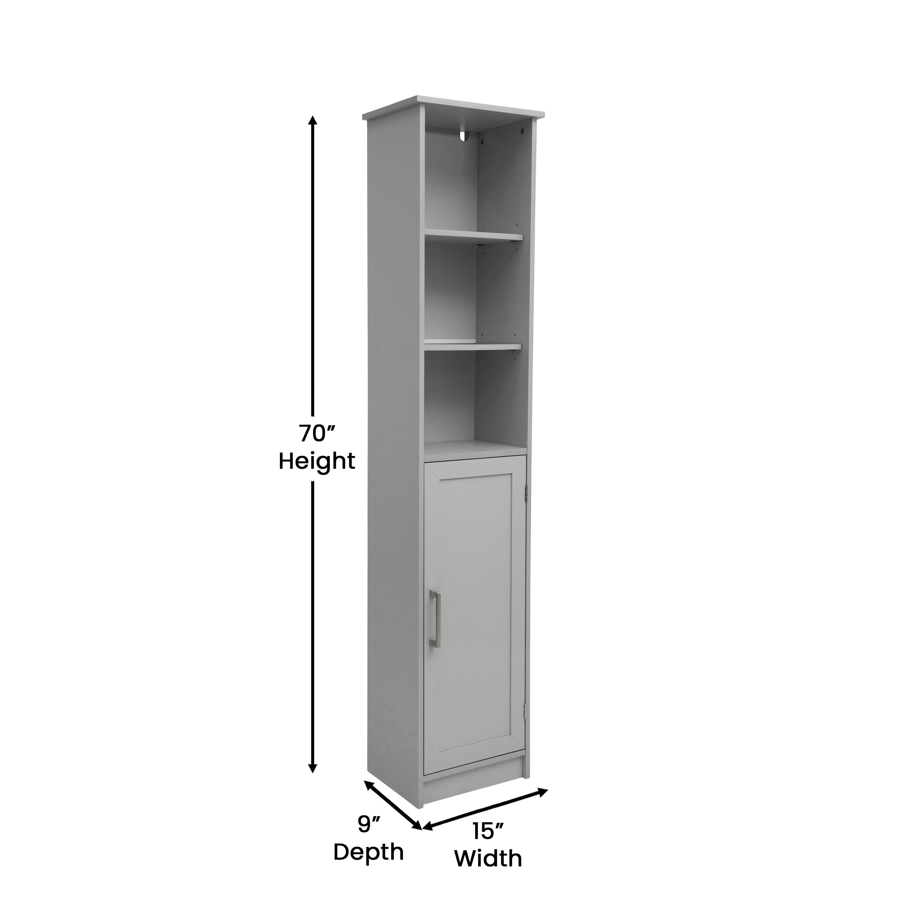 Vega Freestanding Linen Tower Storage Cabinet with Magnetic Close Door, In-Cabinet Adjustable Shelf, and 3 Upper Open Shelves in Gray