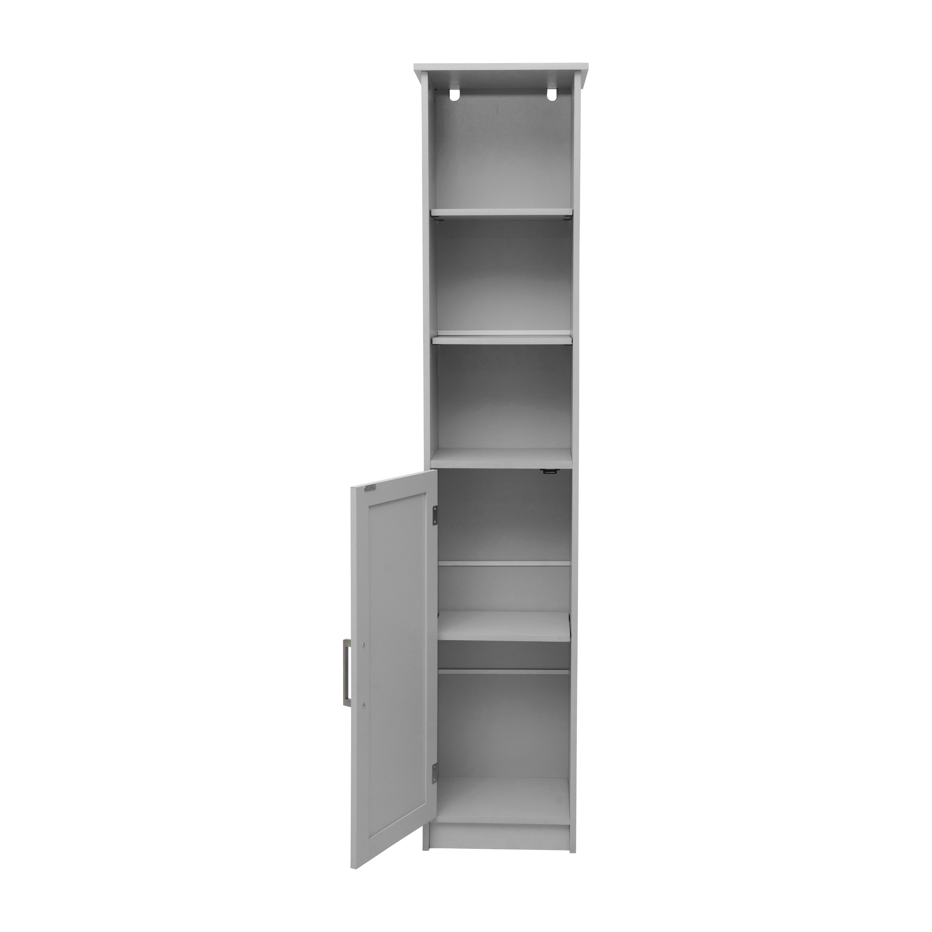 Vega Freestanding Linen Tower Storage Cabinet with Magnetic Close Door, In-Cabinet Adjustable Shelf, and 3 Upper Open Shelves in Gray