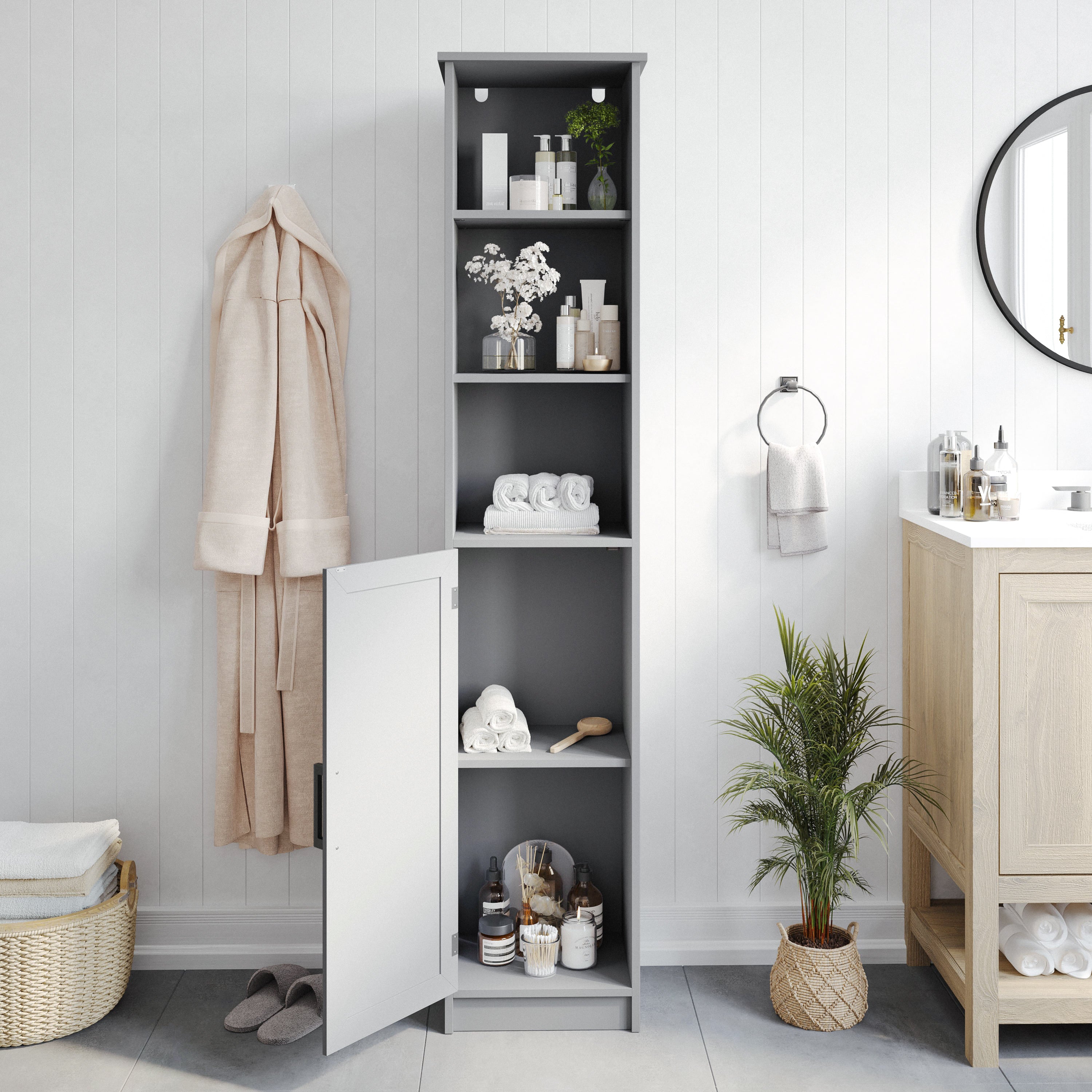 Vega Freestanding Linen Tower Storage Cabinet with Magnetic Close Door, In-Cabinet Adjustable Shelf, and 3 Upper Open Shelves in Gray