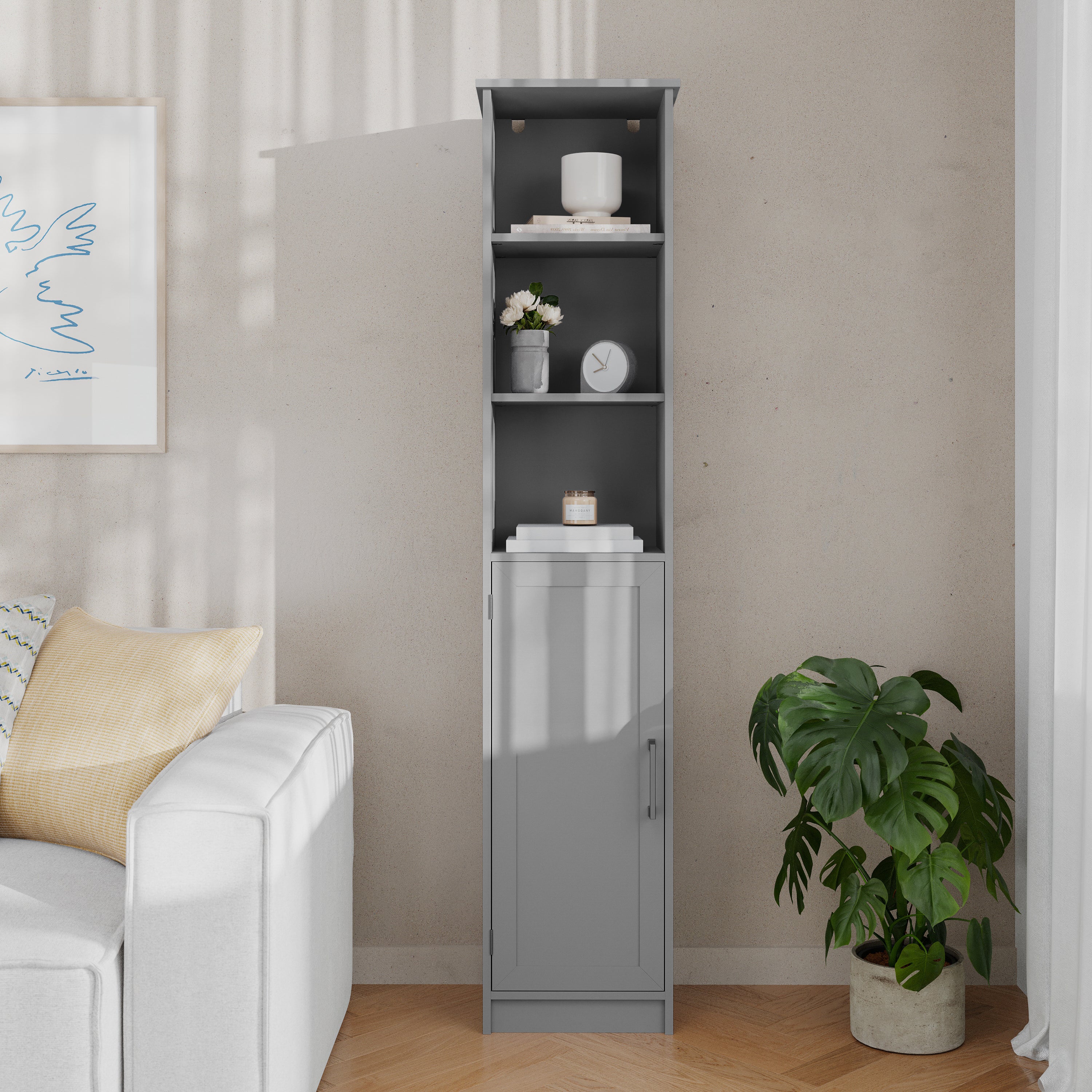 Vega Freestanding Linen Tower Storage Cabinet with Magnetic Close Door, In-Cabinet Adjustable Shelf, and 3 Upper Open Shelves in Gray