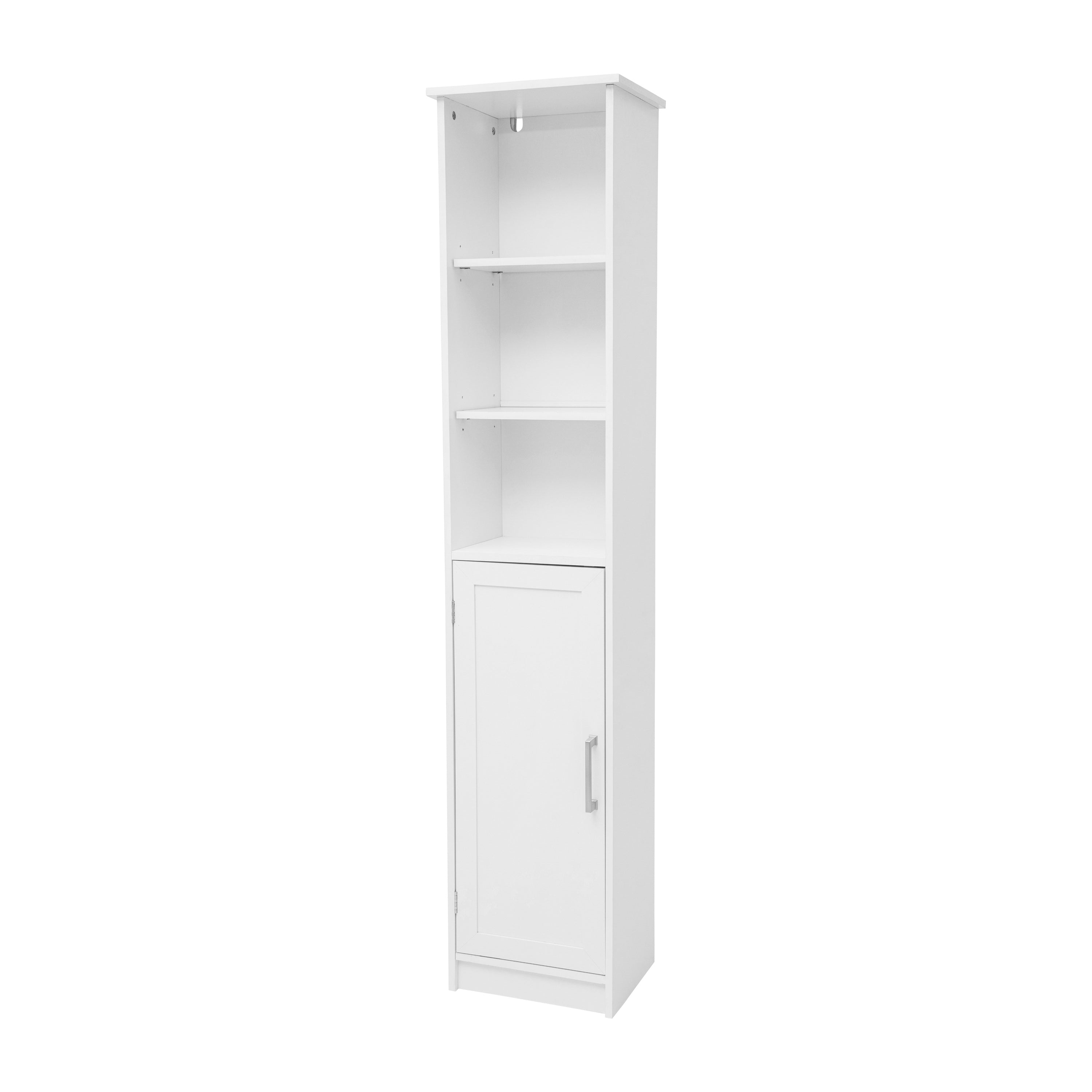 Vega Freestanding Linen Tower Storage Cabinet with Magnetic Close Door, In-Cabinet Adjustable Shelf, and 3 Upper Open Shelves in White