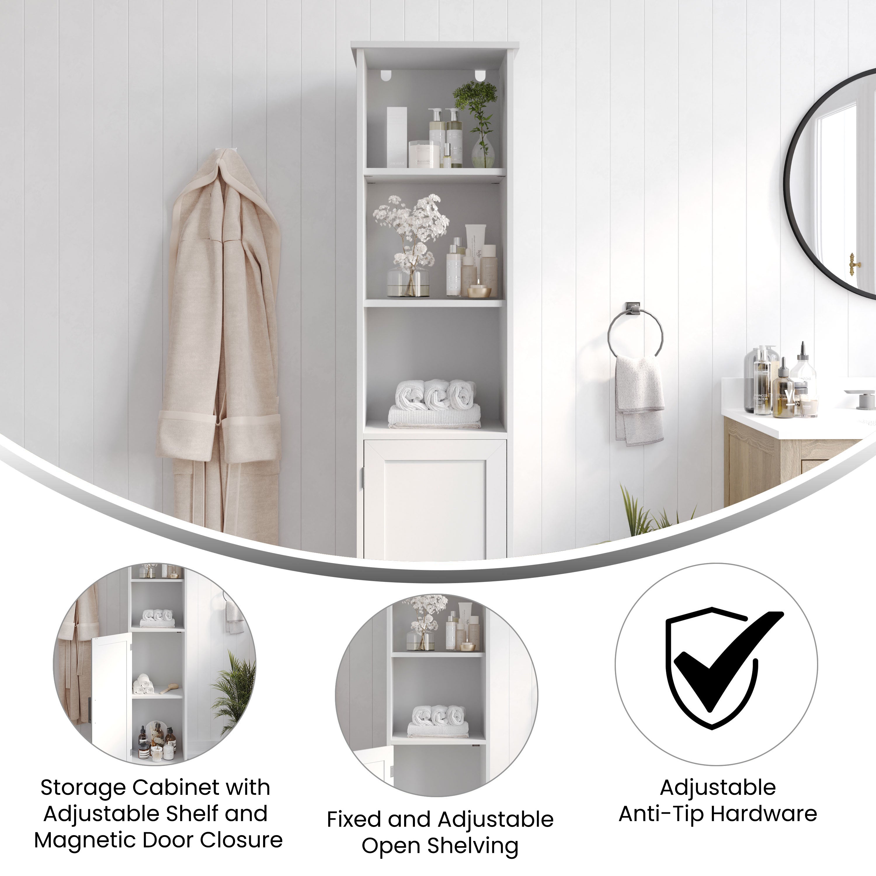 Vega Freestanding Linen Tower Storage Cabinet with Magnetic Close Door, In-Cabinet Adjustable Shelf, and 3 Upper Open Shelves in White