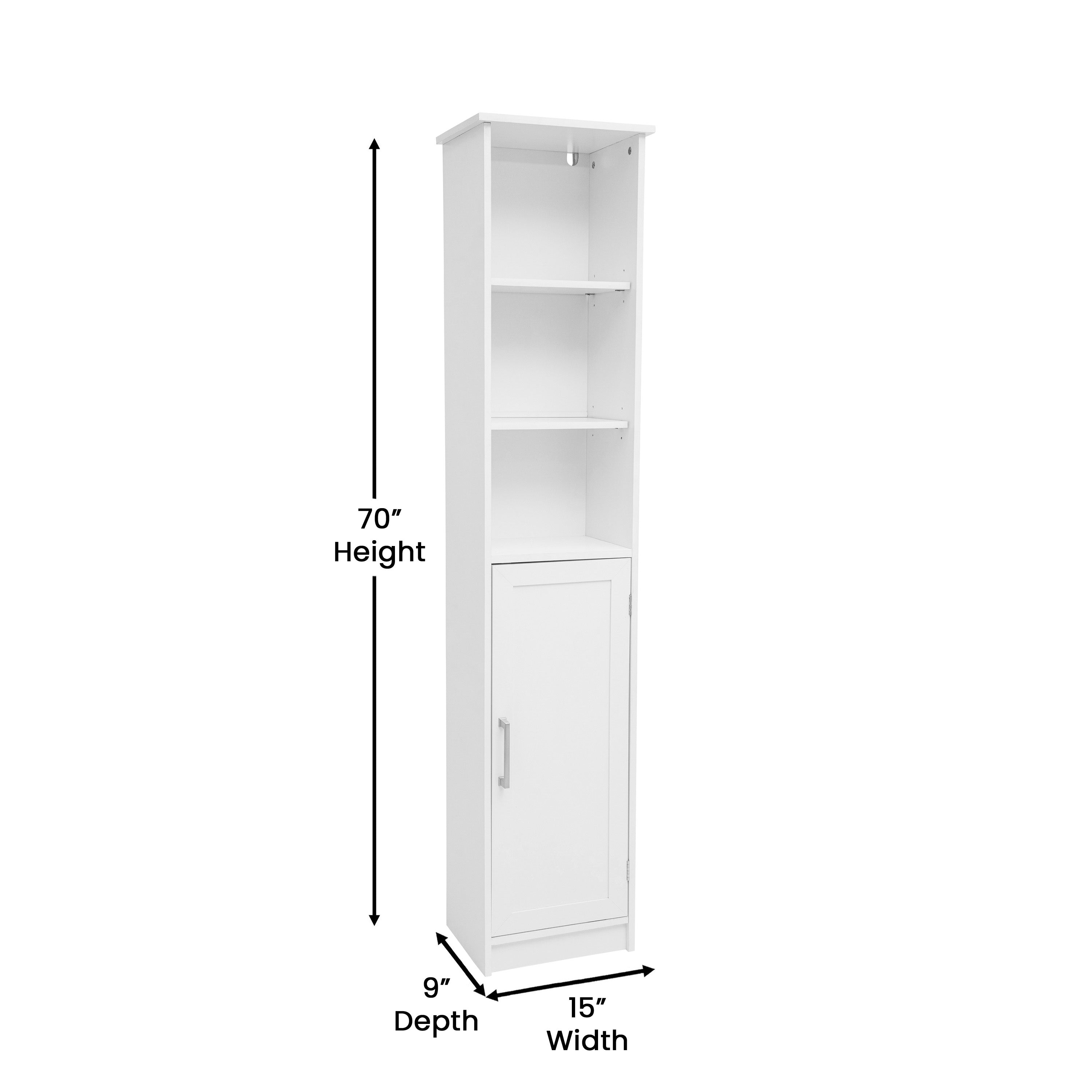 Vega Freestanding Linen Tower Storage Cabinet with Magnetic Close Door, In-Cabinet Adjustable Shelf, and 3 Upper Open Shelves in White