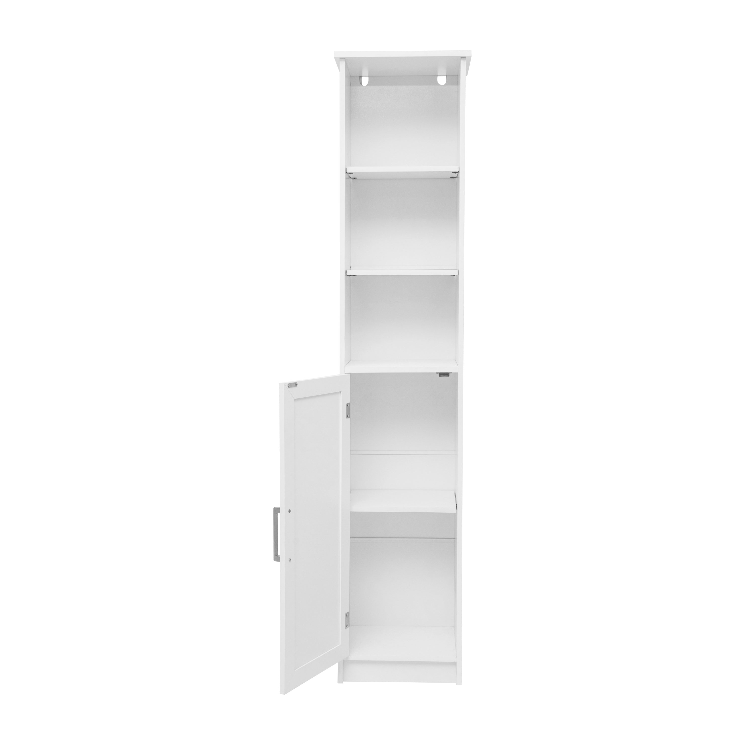 Vega Freestanding Linen Tower Storage Cabinet with Magnetic Close Door, In-Cabinet Adjustable Shelf, and 3 Upper Open Shelves in White