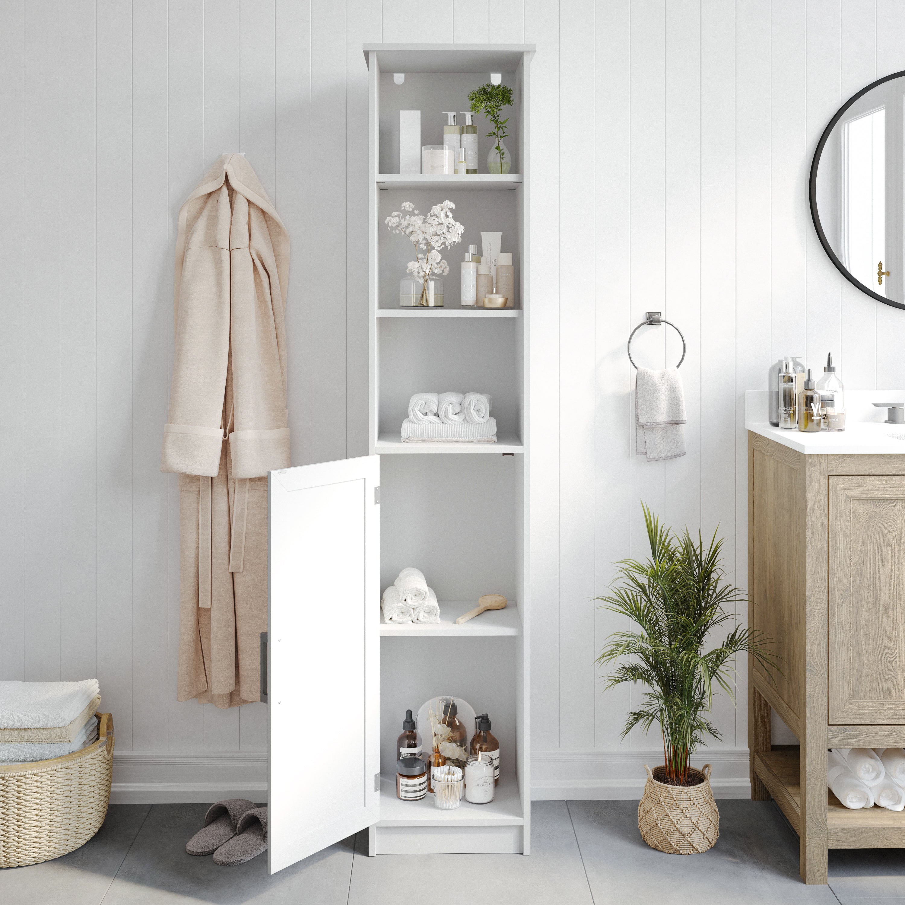 Vega Freestanding Linen Tower Storage Cabinet with Magnetic Close Door, In-Cabinet Adjustable Shelf, and 3 Upper Open Shelves in White