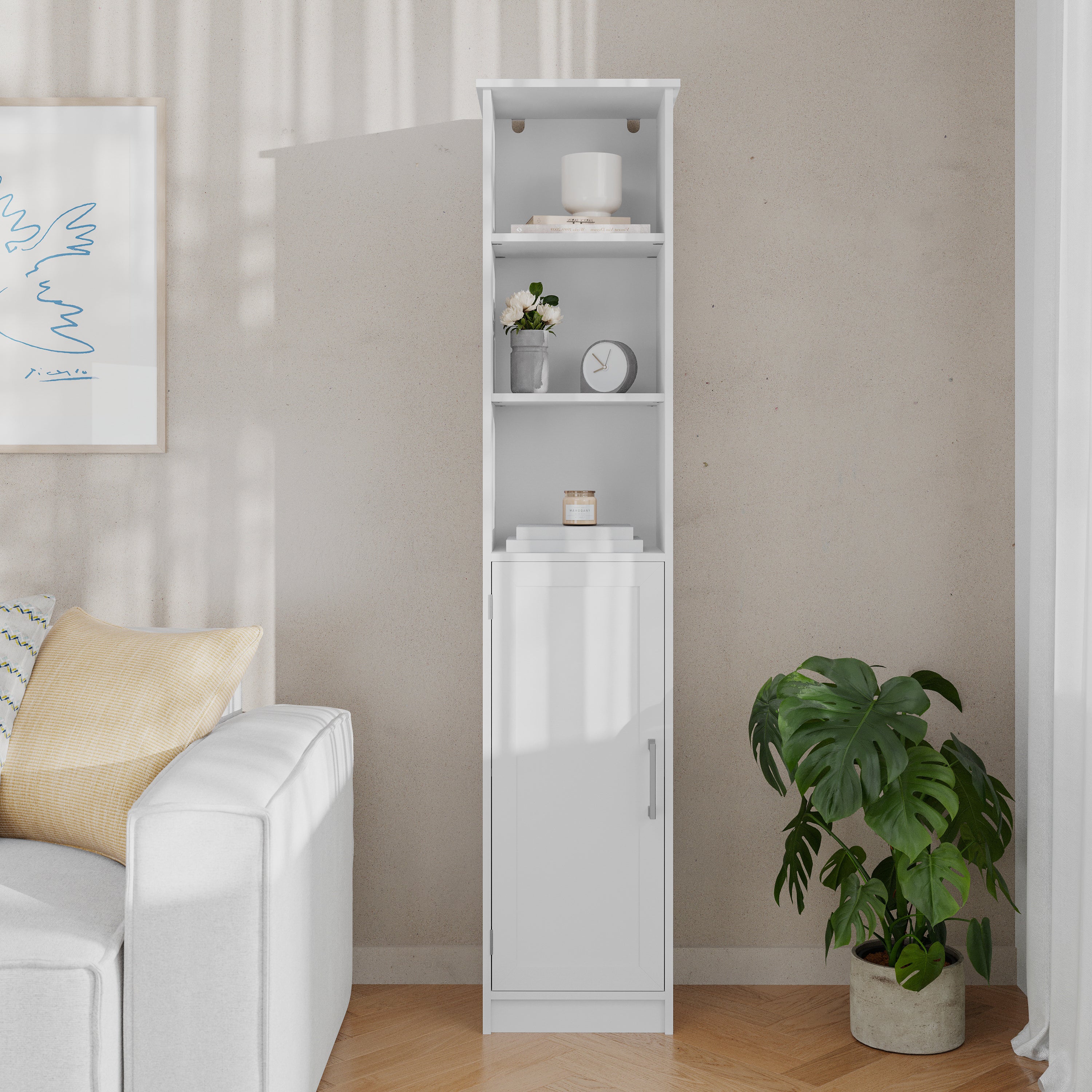 Vega Freestanding Linen Tower Storage Cabinet with Magnetic Close Door, In-Cabinet Adjustable Shelf, and 3 Upper Open Shelves in White
