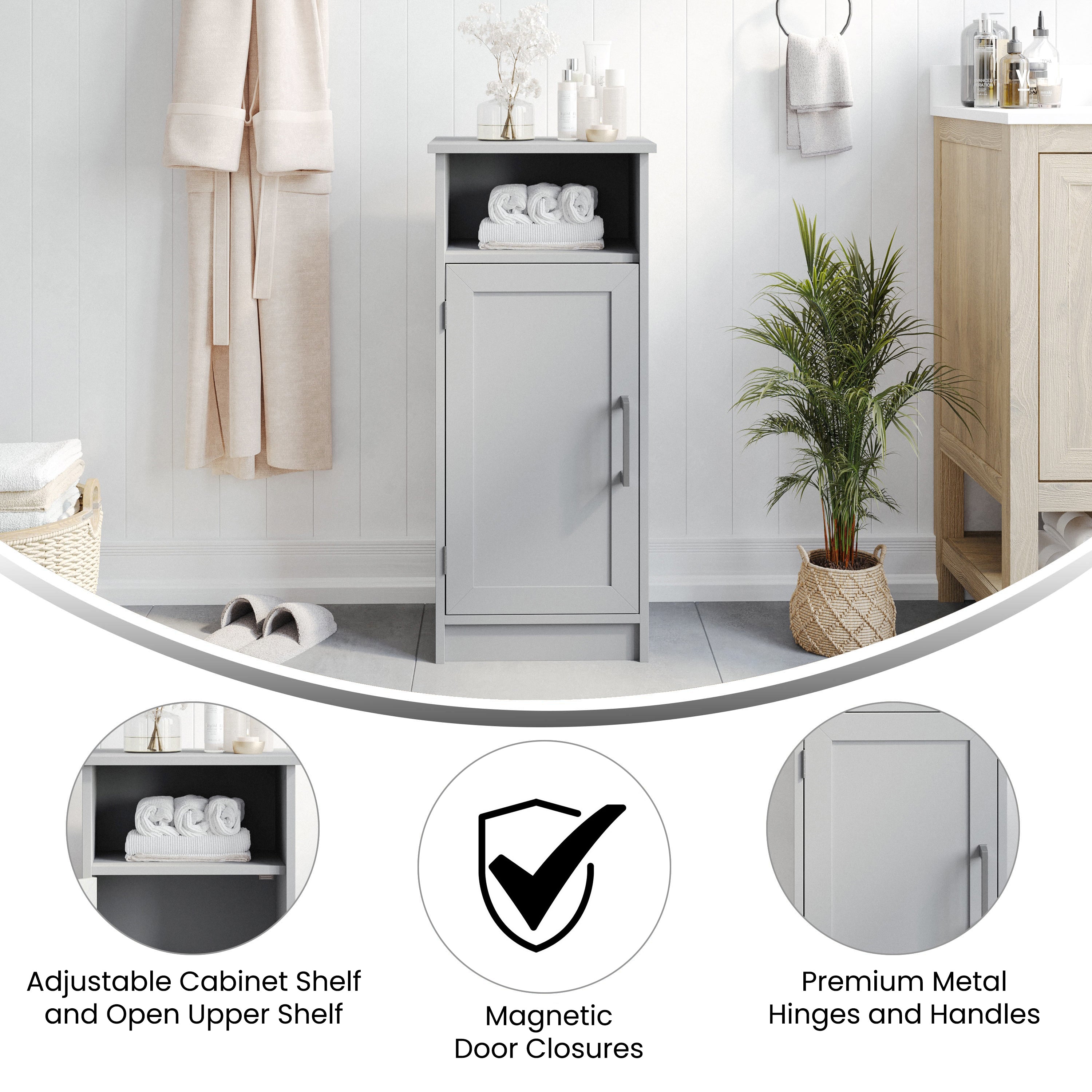 Vega Bathroom Storage Cabinet Organizer with Magnetic Closure Door, In-Cabinet Adjustable Shelf, and Upper Open Shelf in Gray