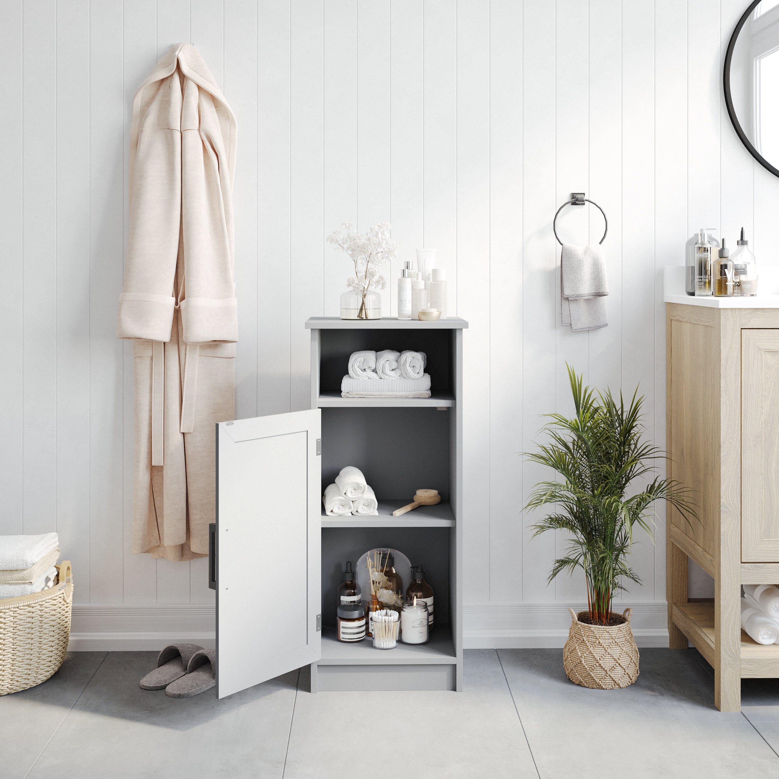 Vega Bathroom Storage Cabinet Organizer with Magnetic Closure Door, In-Cabinet Adjustable Shelf, and Upper Open Shelf in Gray
