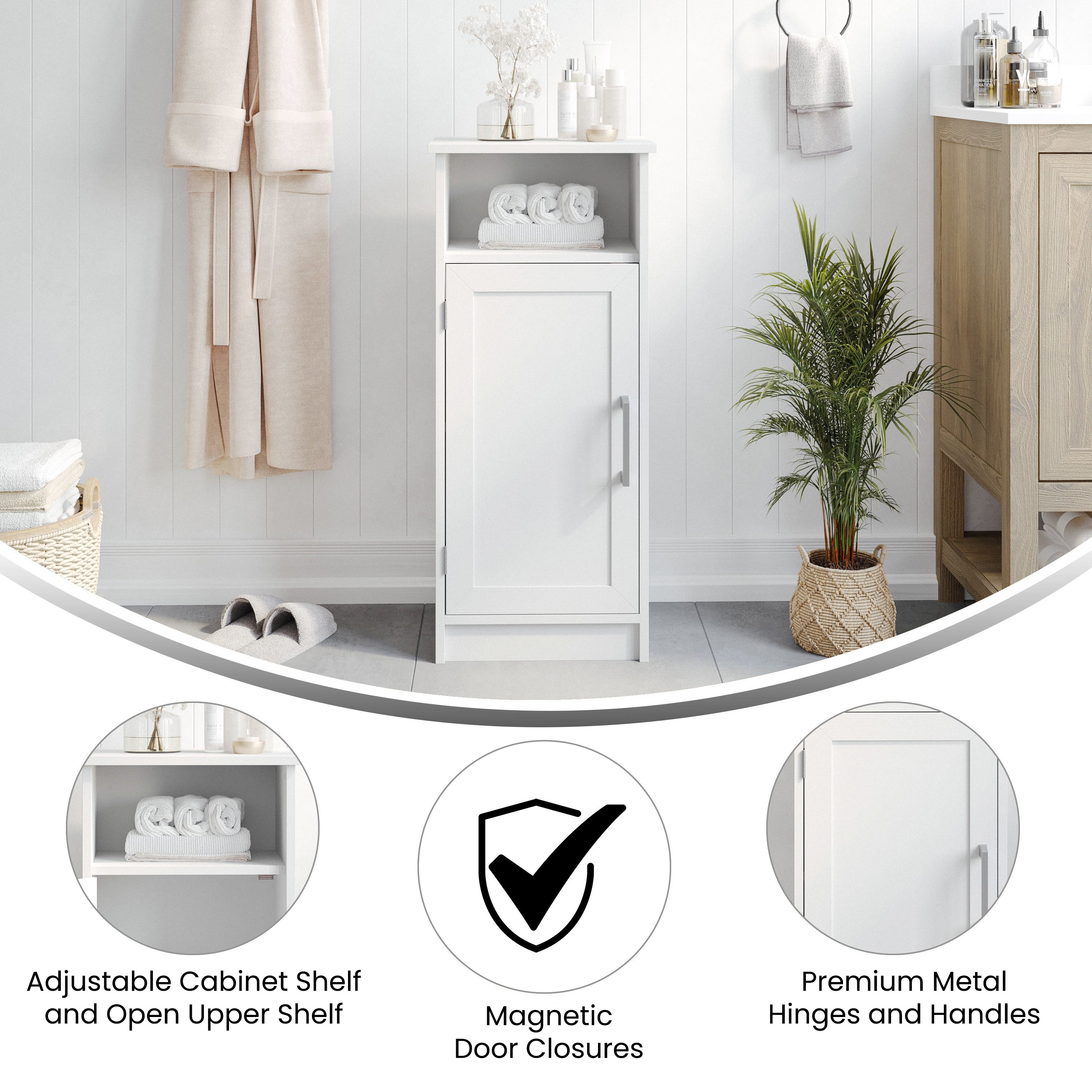 Vega Bathroom Storage Cabinet Organizer with Magnetic Closure Door, In-Cabinet Adjustable Shelf, and Upper Open Shelf in White