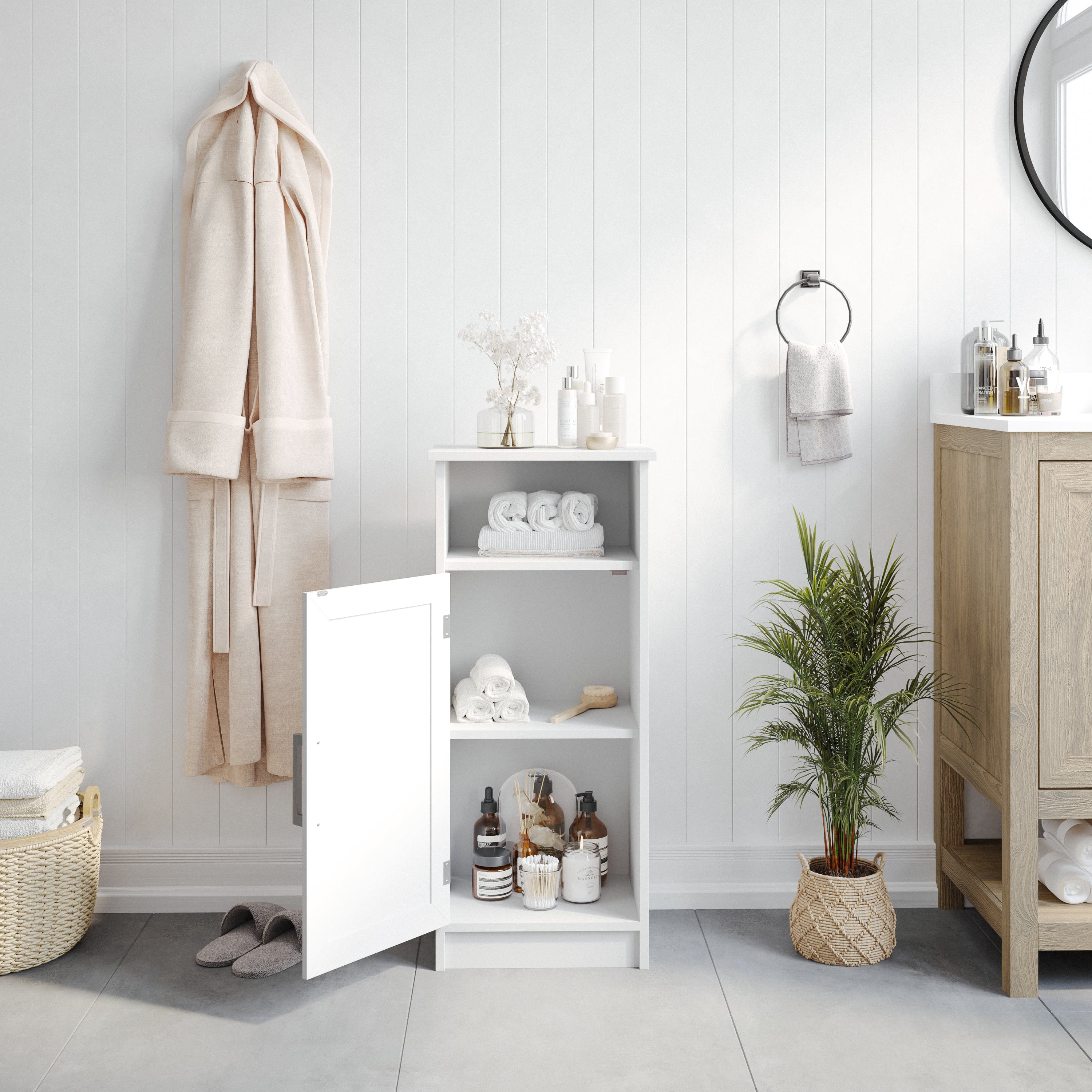 Vega Bathroom Storage Cabinet Organizer with Magnetic Closure Door, In-Cabinet Adjustable Shelf, and Upper Open Shelf in White