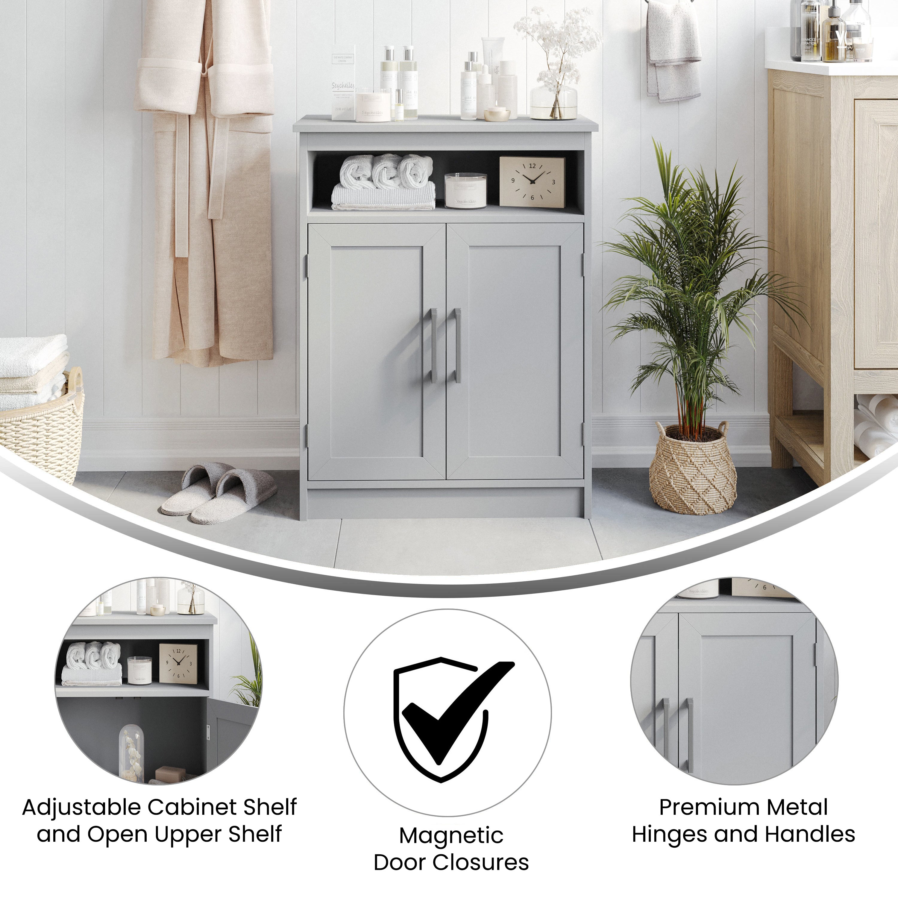 Vega Bathroom Storage Cabinet Organizer with Two Magnetic Closure Doors, In-Cabinet Adjustable Shelf, and Upper Open Shelf in Gray