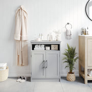 Vega Bathroom Storage Cabinet Organizer with Two Magnetic Closure Doors, In-Cabinet Adjustable Shelf, and Upper Open Shelf in Gray