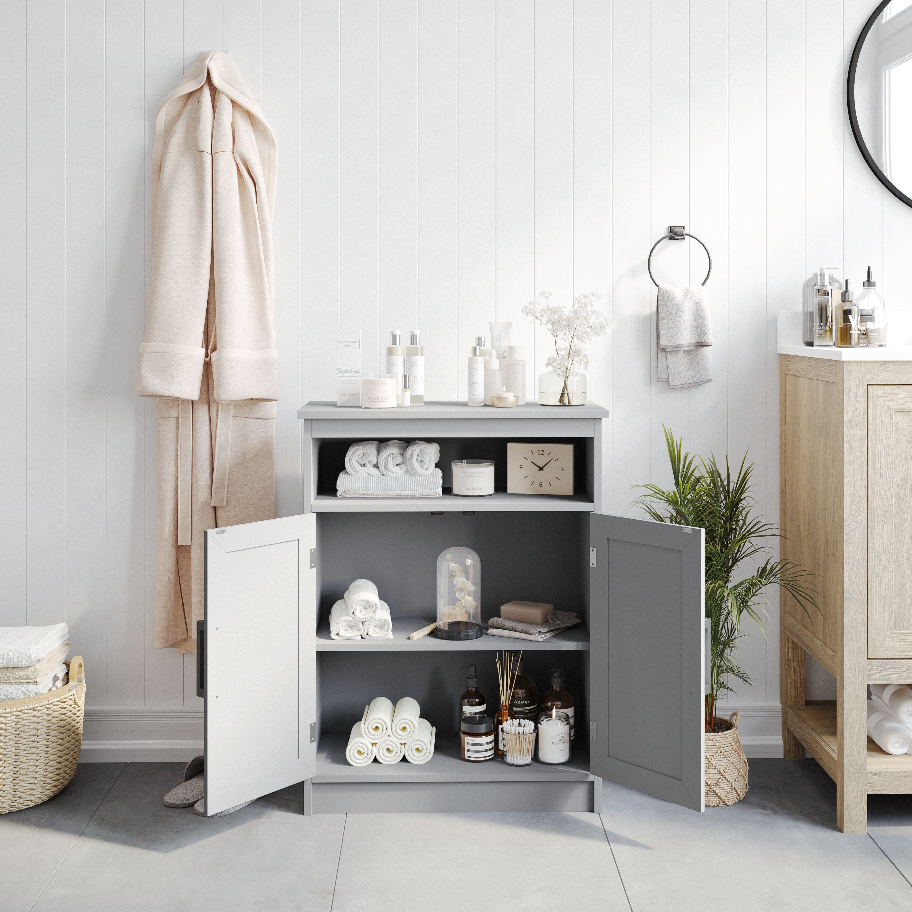 Vega Bathroom Storage Cabinet Organizer with Two Magnetic Closure Doors, In-Cabinet Adjustable Shelf, and Upper Open Shelf in Gray