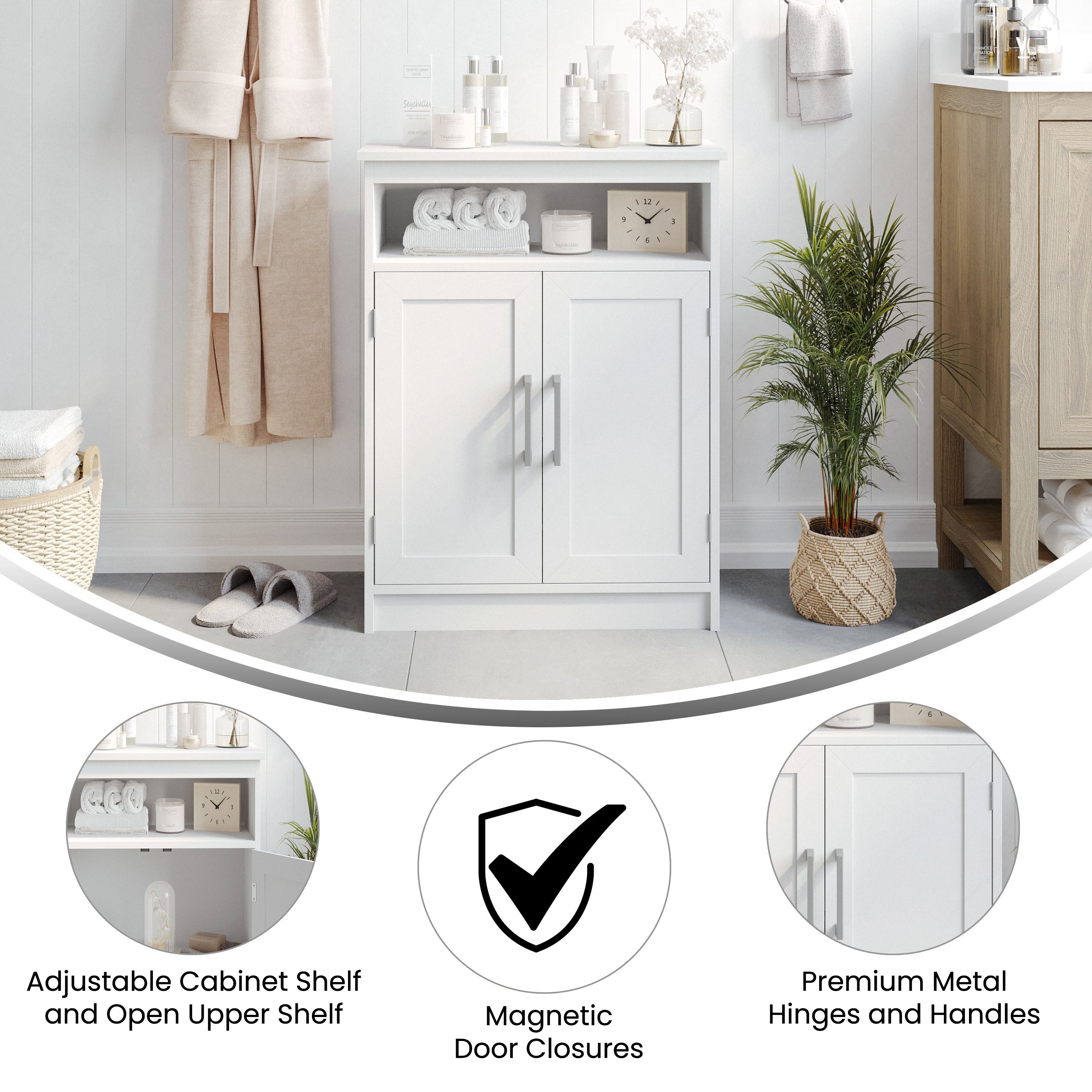 Vega Bathroom Storage Cabinet Organizer with Two Magnetic Closure Doors, In-Cabinet Adjustable Shelf, and Upper Open Shelf in White
