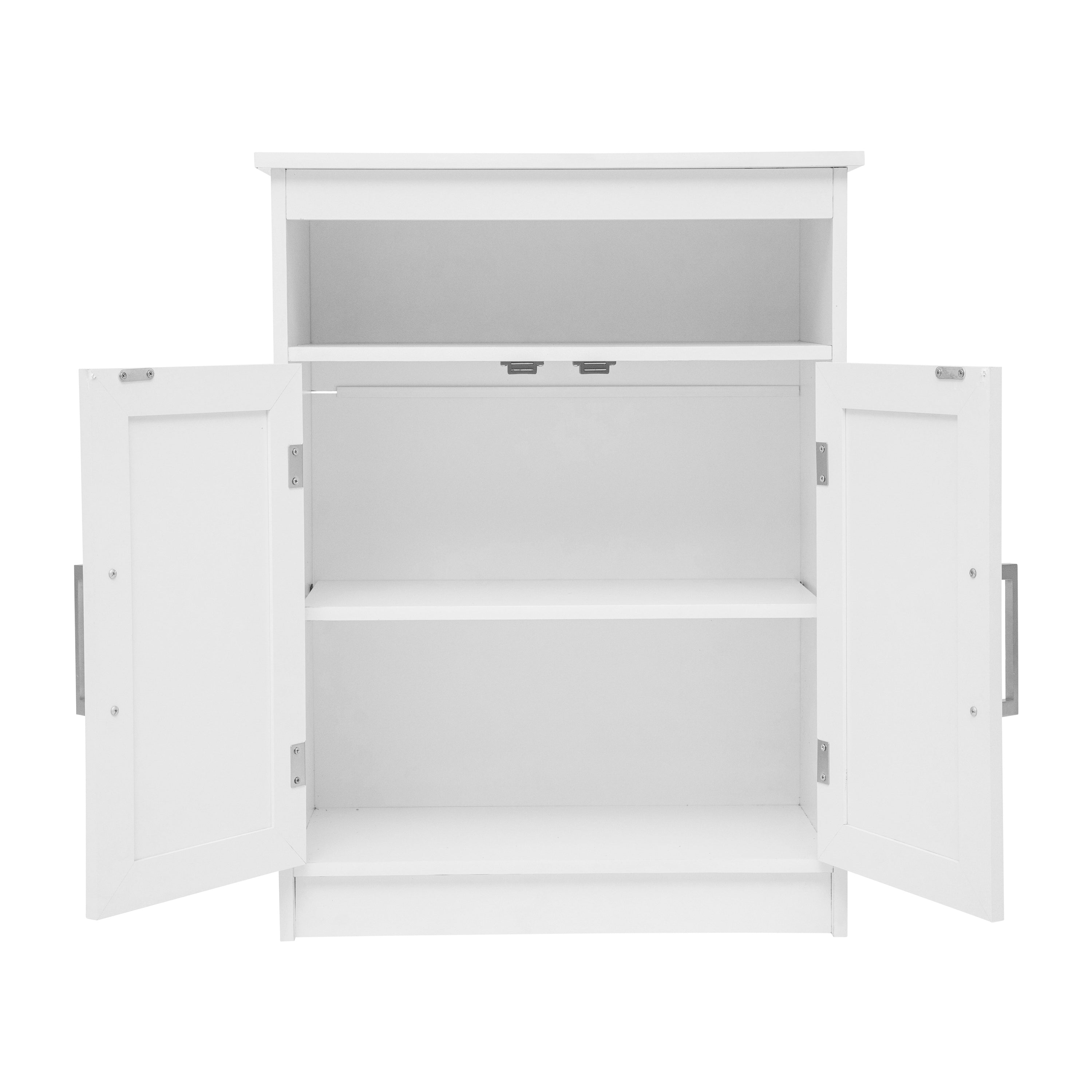 Vega Bathroom Storage Cabinet Organizer with Two Magnetic Closure Doors, In-Cabinet Adjustable Shelf, and Upper Open Shelf in White