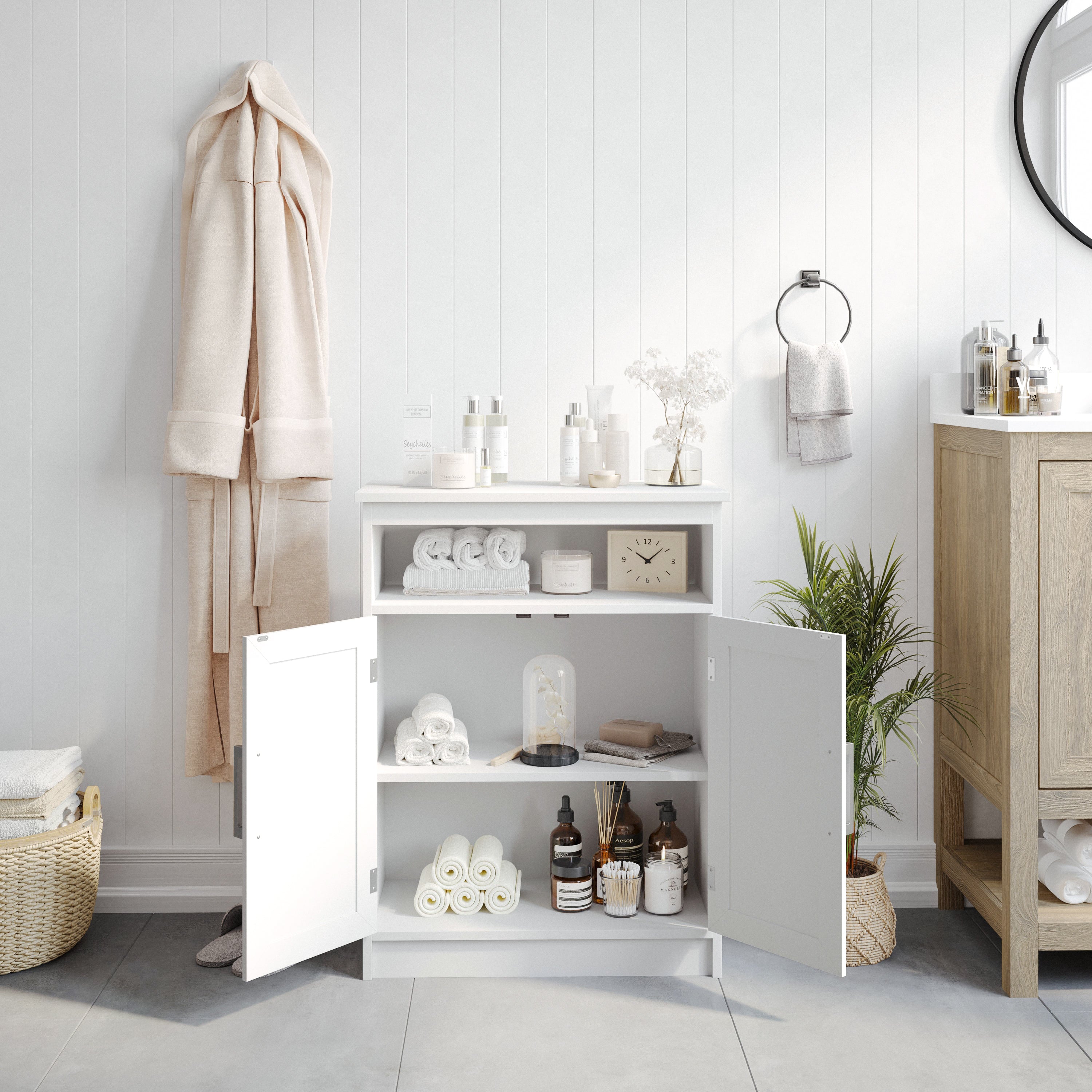 Vega Bathroom Storage Cabinet Organizer with Two Magnetic Closure Doors, In-Cabinet Adjustable Shelf, and Upper Open Shelf in White