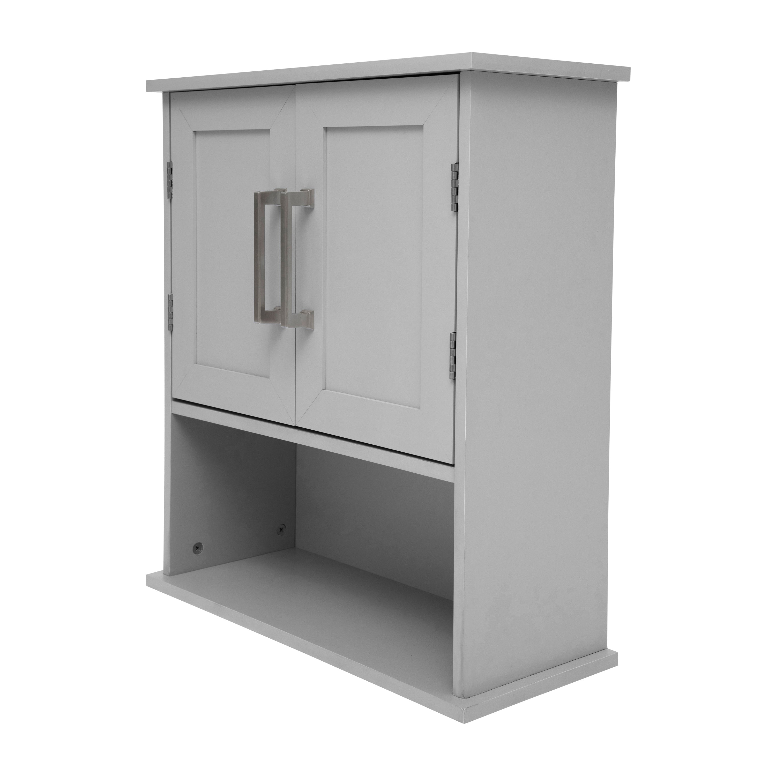 Vega Wall Mounted Bathroom Medicine Cabinet Storage Organizer with Two Magnetic Closure Doors, Adjustable Shelf, and Lower Open Shelf in Gray