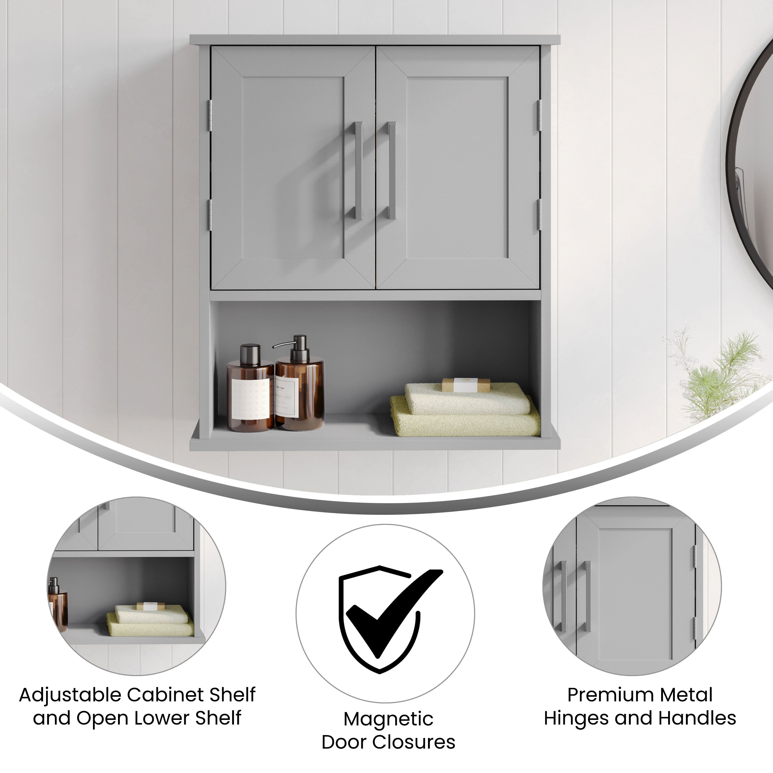 Vega Wall Mounted Bathroom Medicine Cabinet Storage Organizer with Two Magnetic Closure Doors, Adjustable Shelf, and Lower Open Shelf in Gray