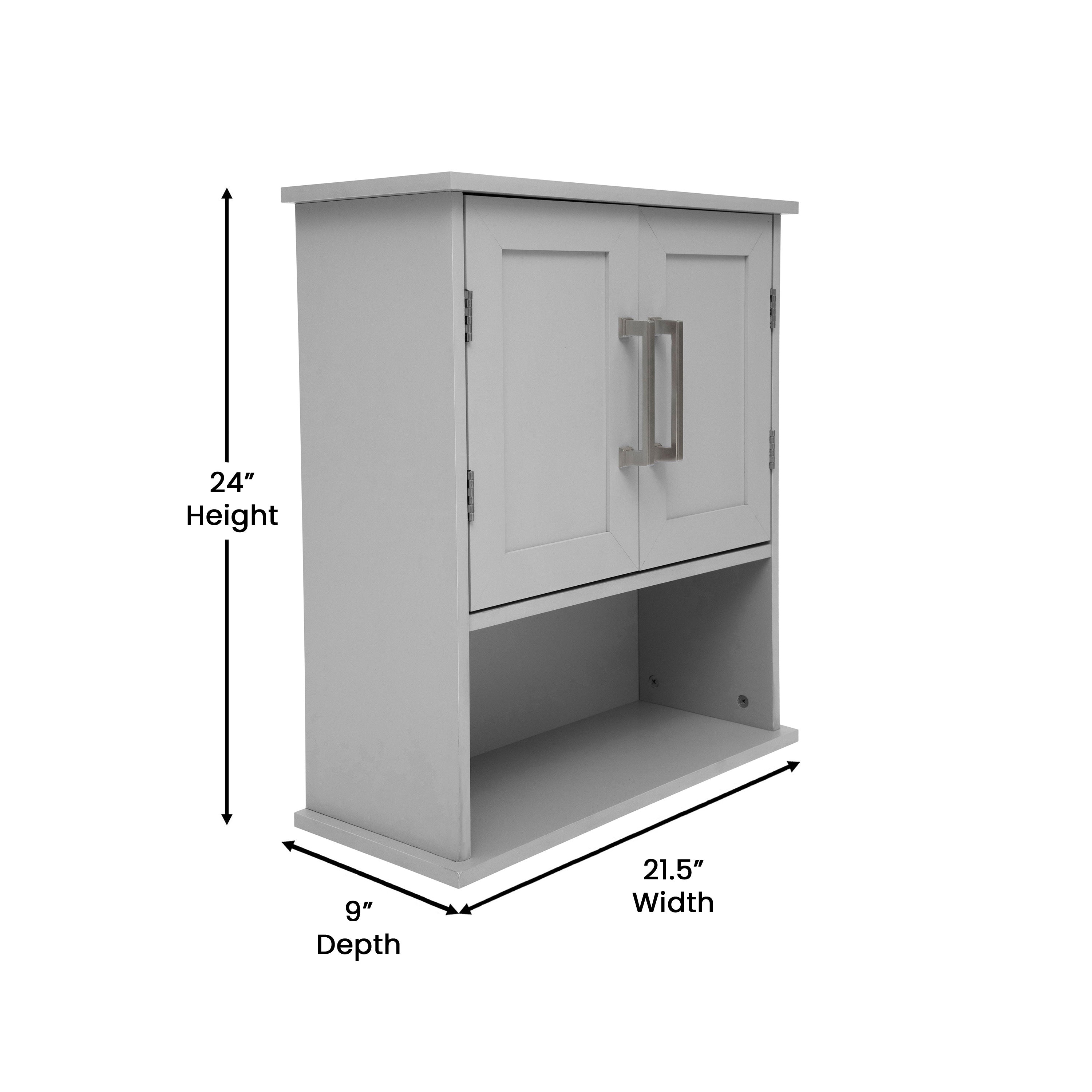 Vega Wall Mounted Bathroom Medicine Cabinet Storage Organizer with Two Magnetic Closure Doors, Adjustable Shelf, and Lower Open Shelf in Gray
