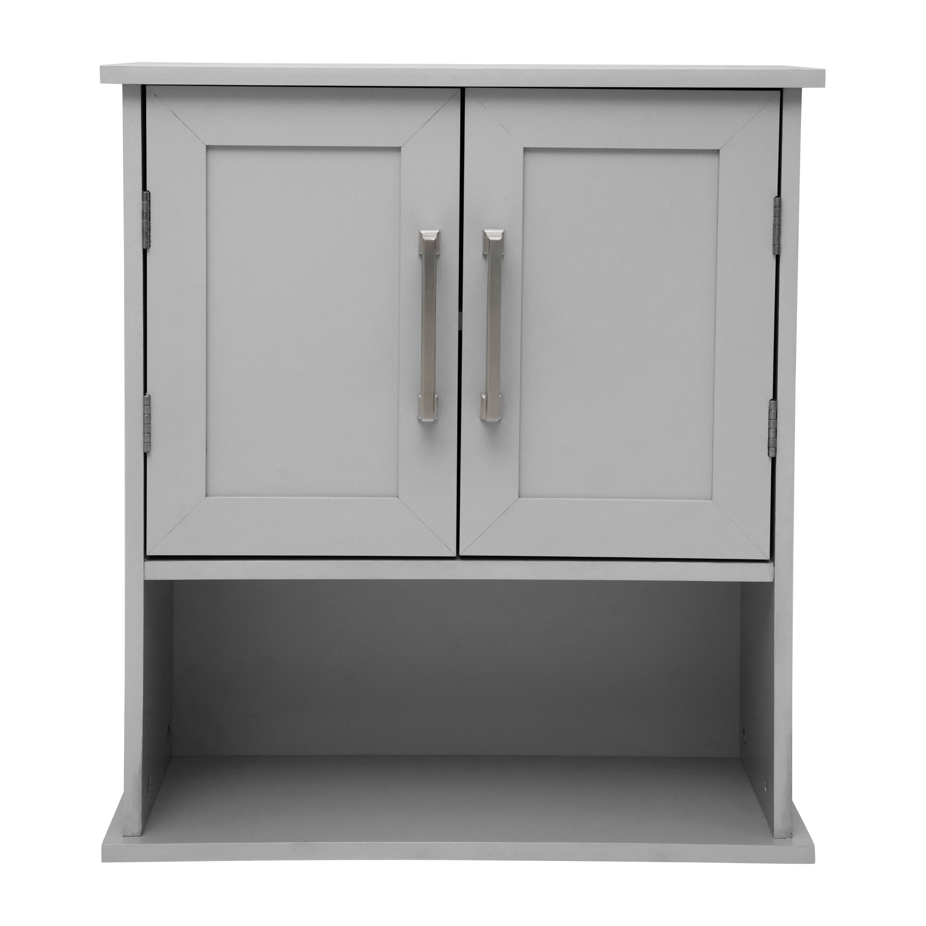 Vega Wall Mounted Bathroom Medicine Cabinet Storage Organizer with Two Magnetic Closure Doors, Adjustable Shelf, and Lower Open Shelf in Gray