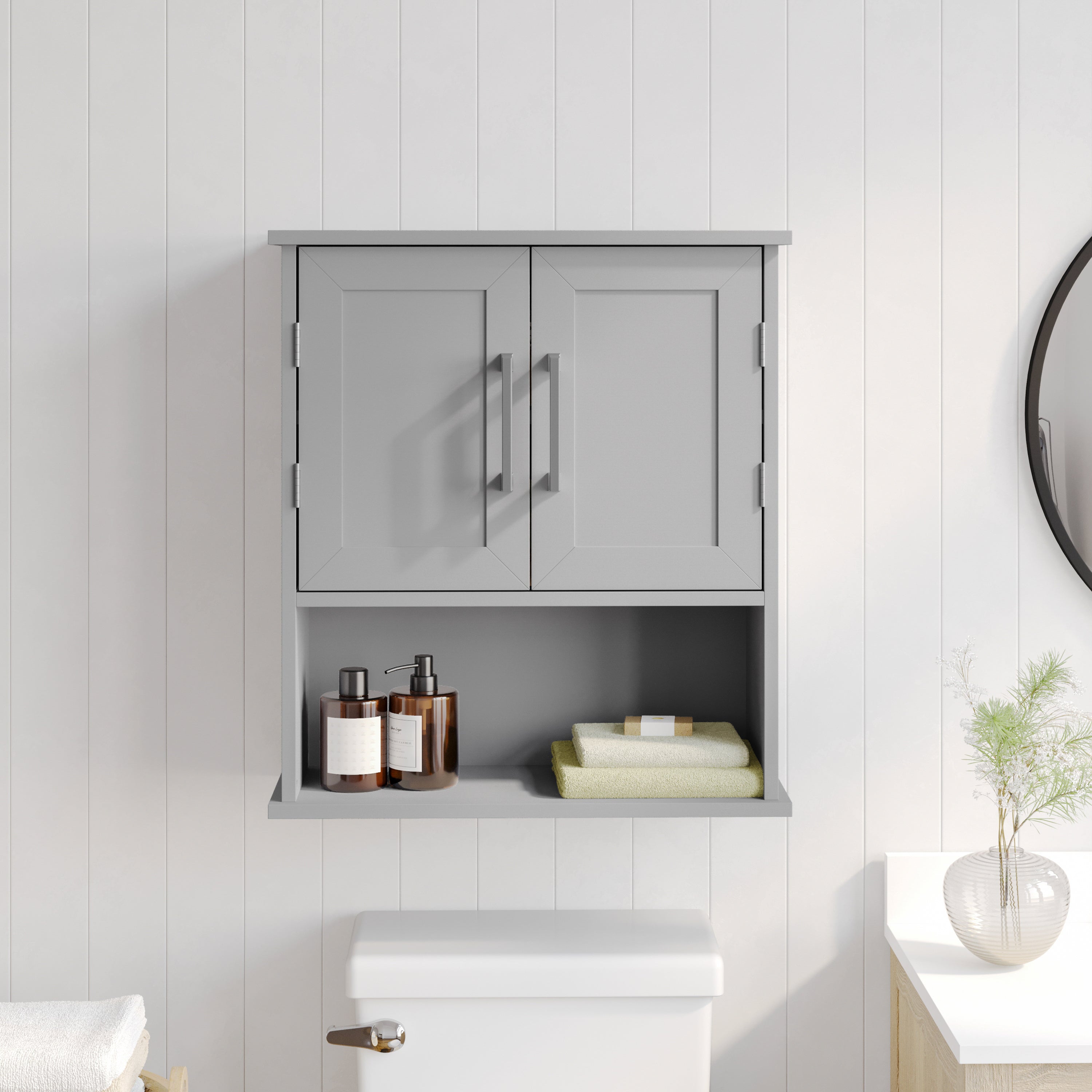 Vega Wall Mounted Bathroom Medicine Cabinet Storage Organizer with Two Magnetic Closure Doors, Adjustable Shelf, and Lower Open Shelf in Gray