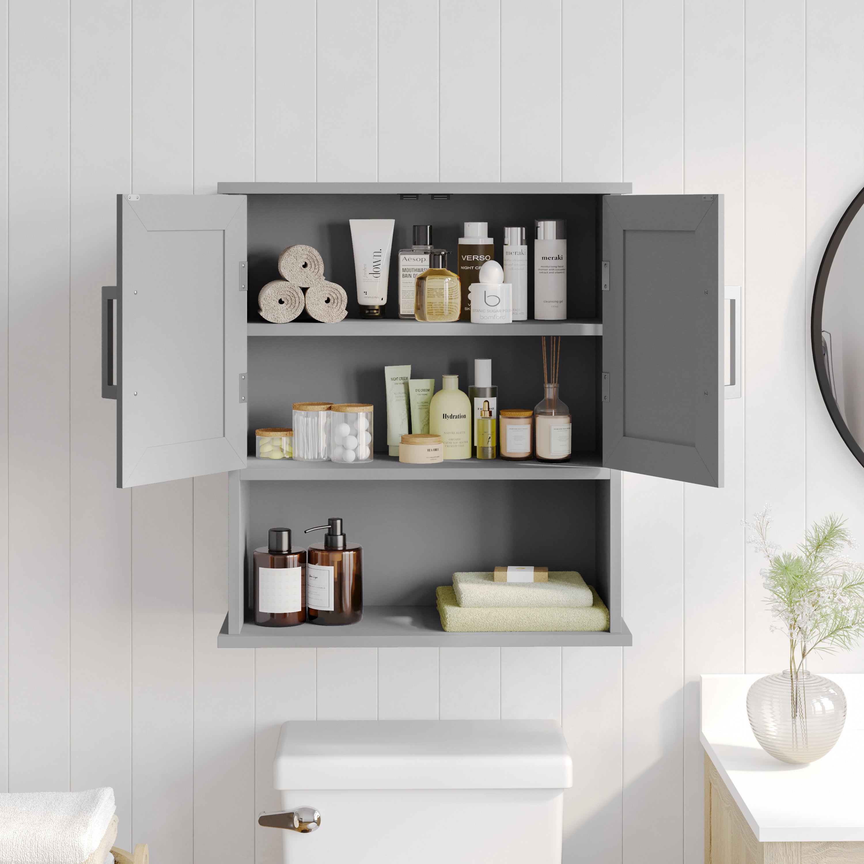 Vega Wall Mounted Bathroom Medicine Cabinet Storage Organizer with Two Magnetic Closure Doors, Adjustable Shelf, and Lower Open Shelf in Gray