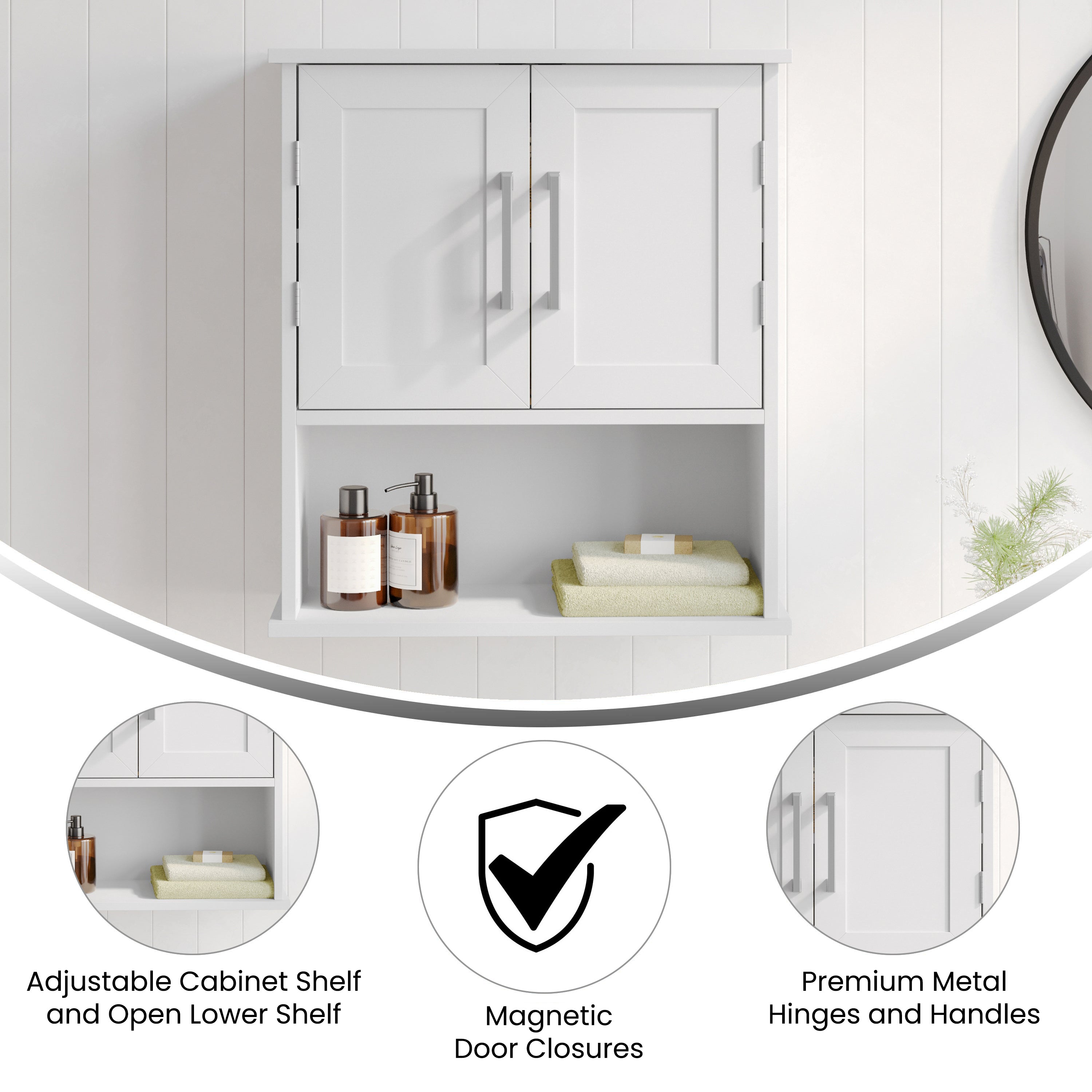 Vega Wall Mounted Bathroom Medicine Cabinet Storage Organizer with Two Magnetic Closure Doors, Adjustable Shelf, and Lower Open Shelf in White