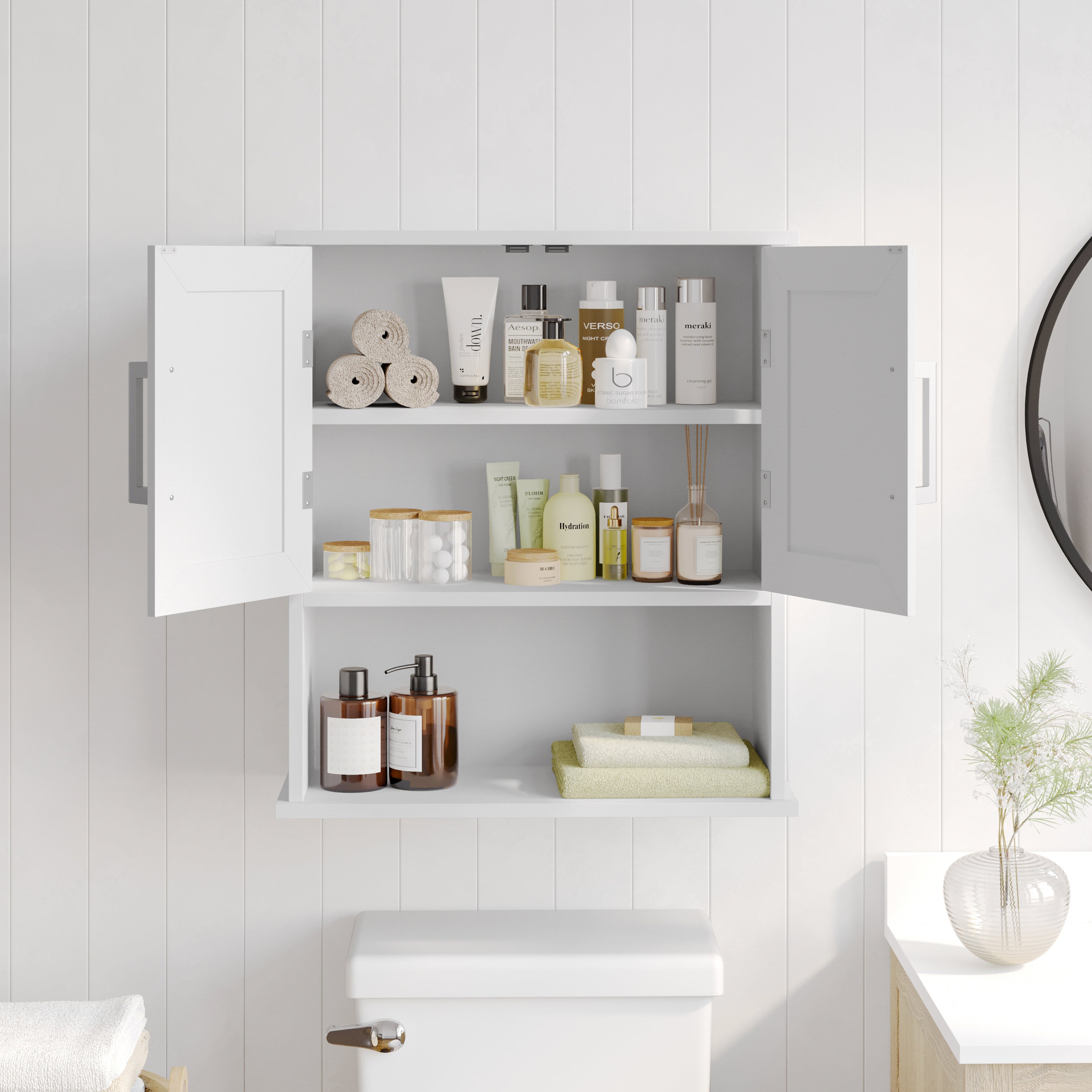 Vega Wall Mounted Bathroom Medicine Cabinet Storage Organizer with Two Magnetic Closure Doors, Adjustable Shelf, and Lower Open Shelf in White