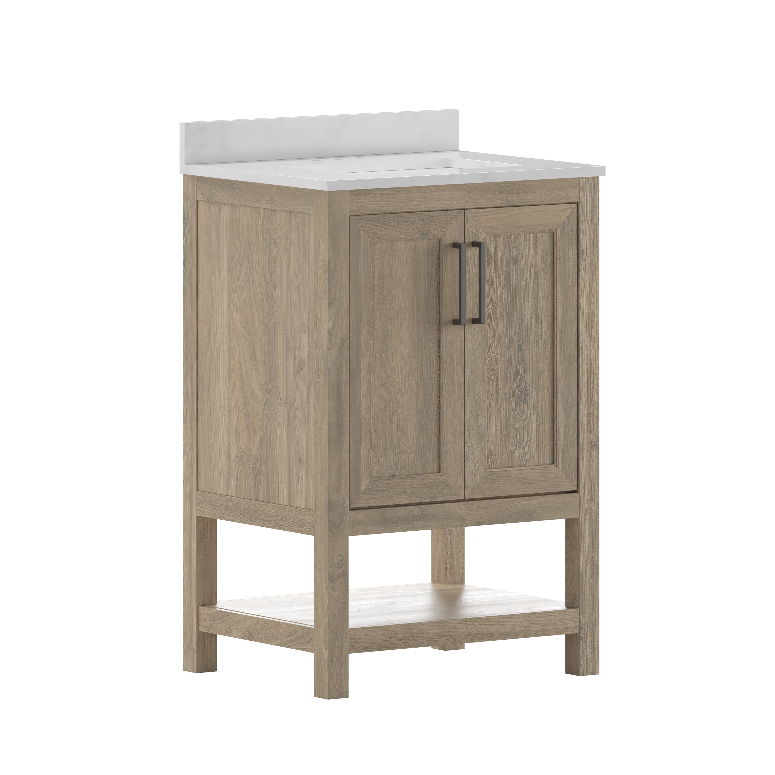 Vega 24 Inch Bathroom Vanity with Sink Combo, Storage Cabinet with Soft Close Doors and Open Shelf, Carrara Marble Finish Countertop, Brown/White