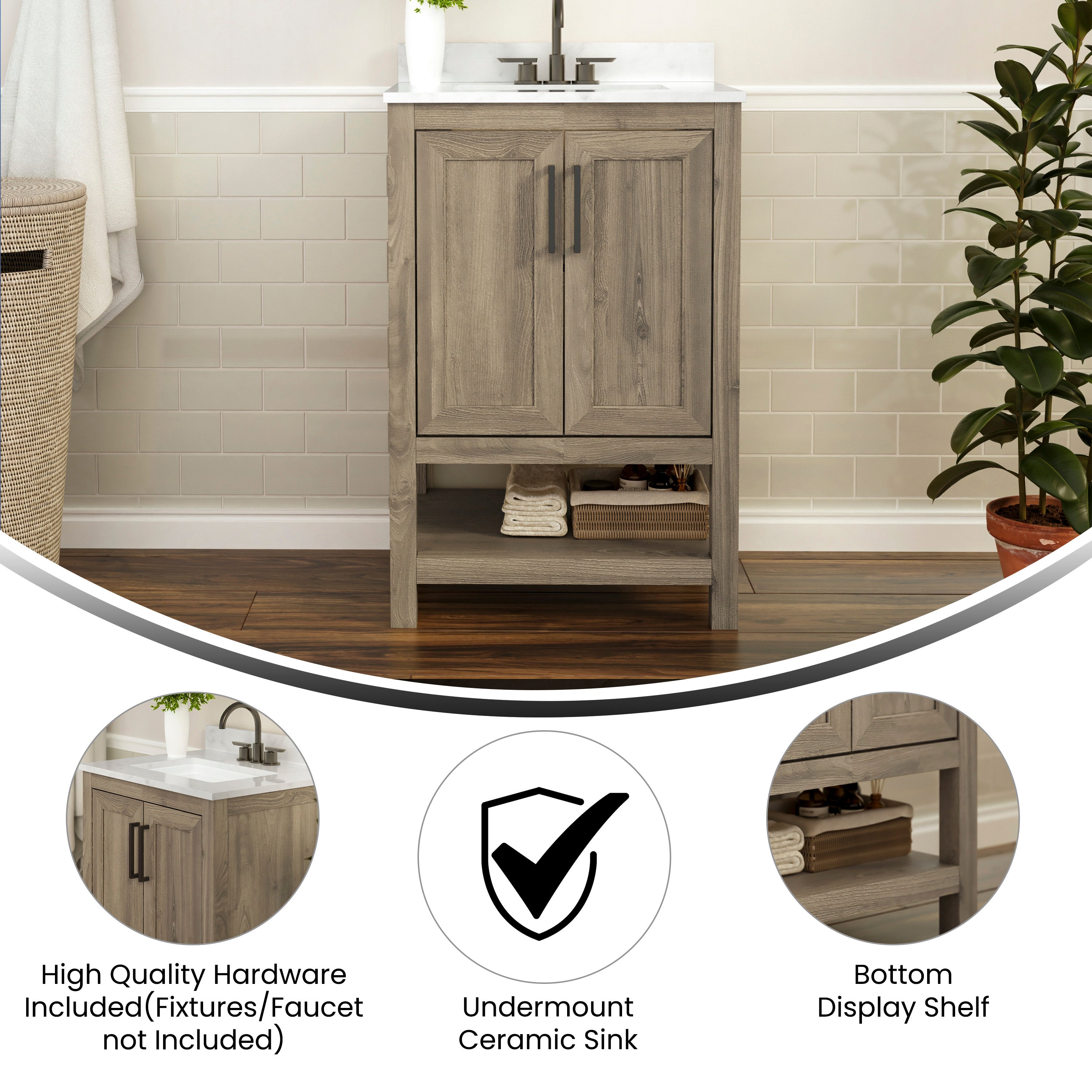 Vega 24 Inch Bathroom Vanity with Sink Combo, Storage Cabinet with Soft Close Doors and Open Shelf, Carrara Marble Finish Countertop, Brown/White